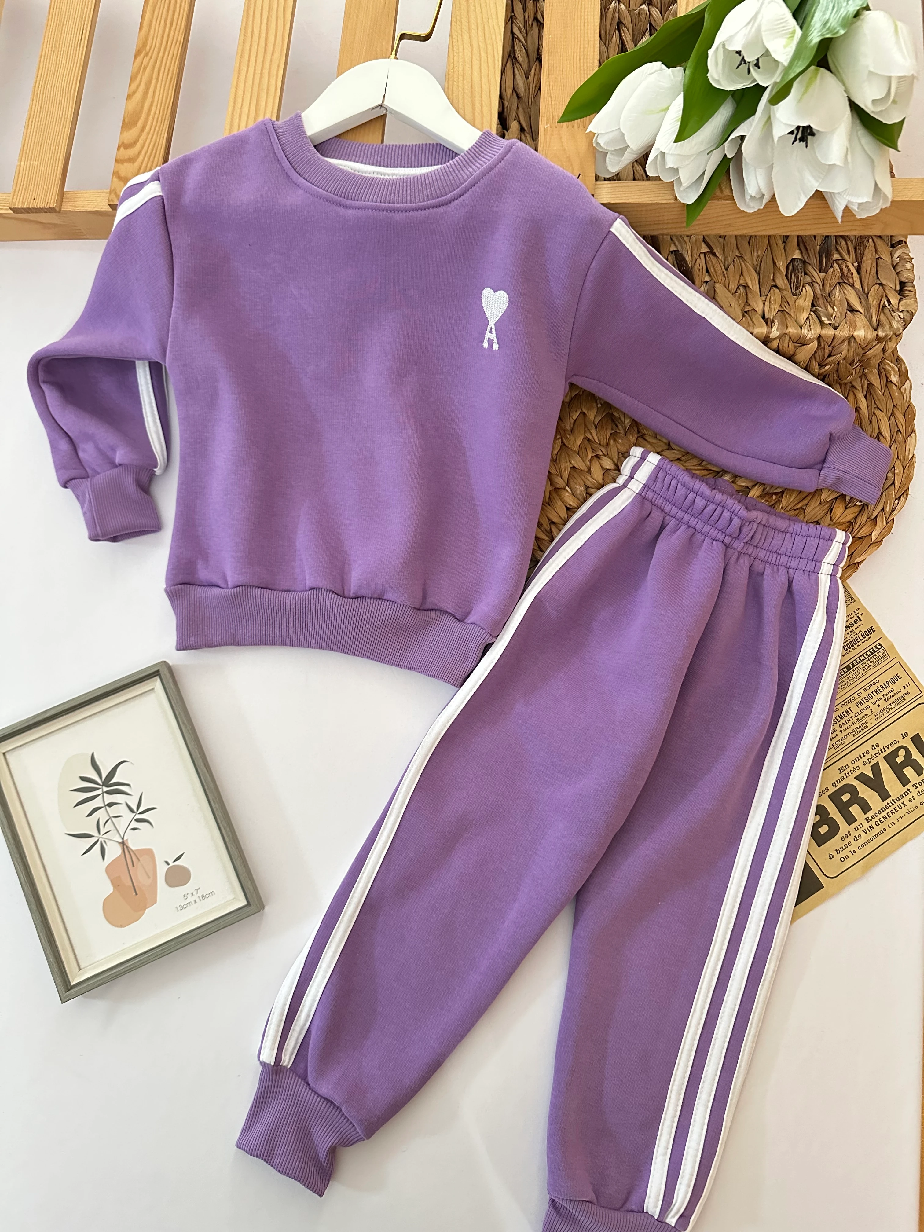 Kız Çocuk Mor Kalp Nakışlı Alt-Üst Takım