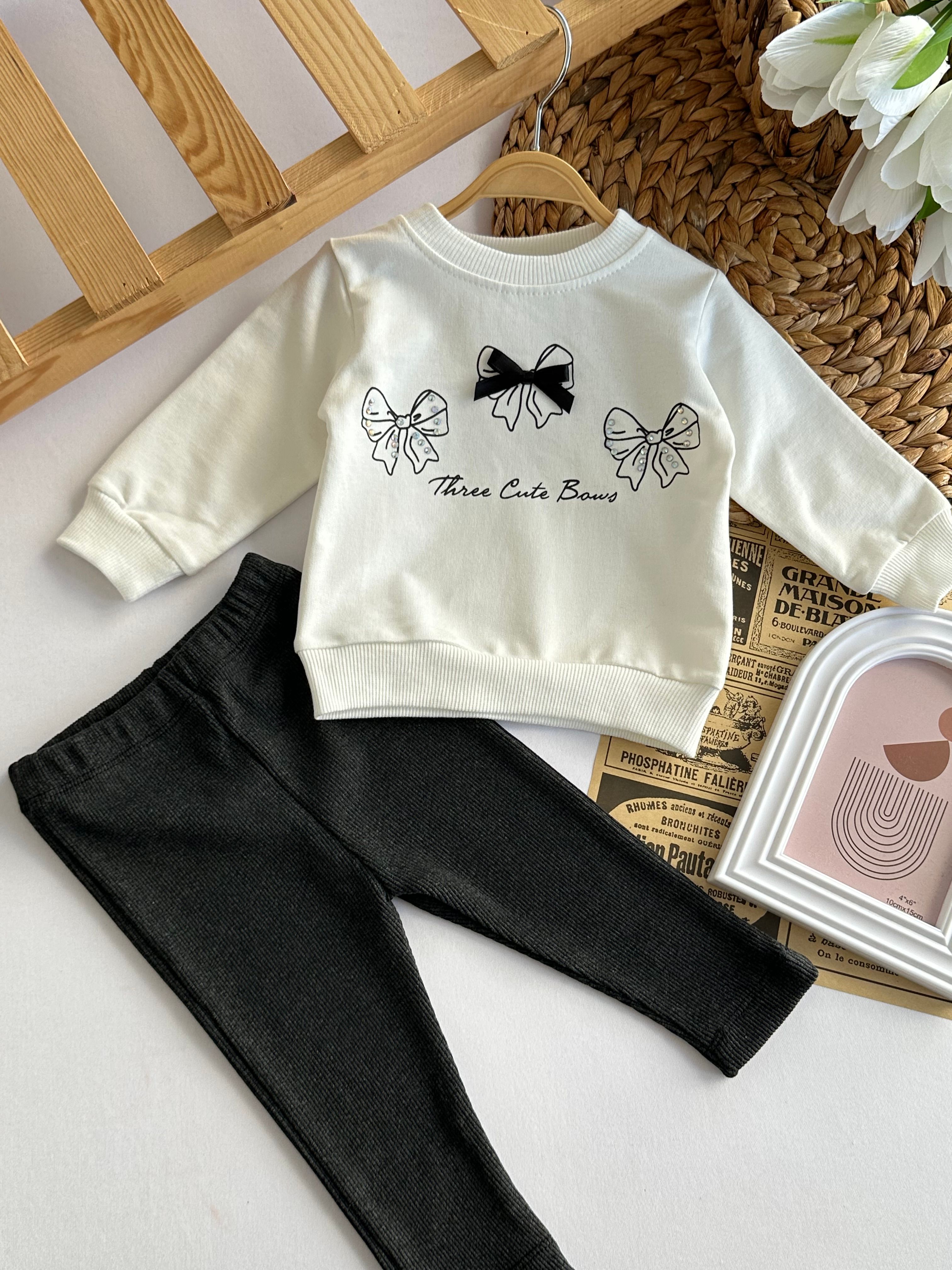Kız Bebek Beyaz Fiyonklu Taytlı Takım