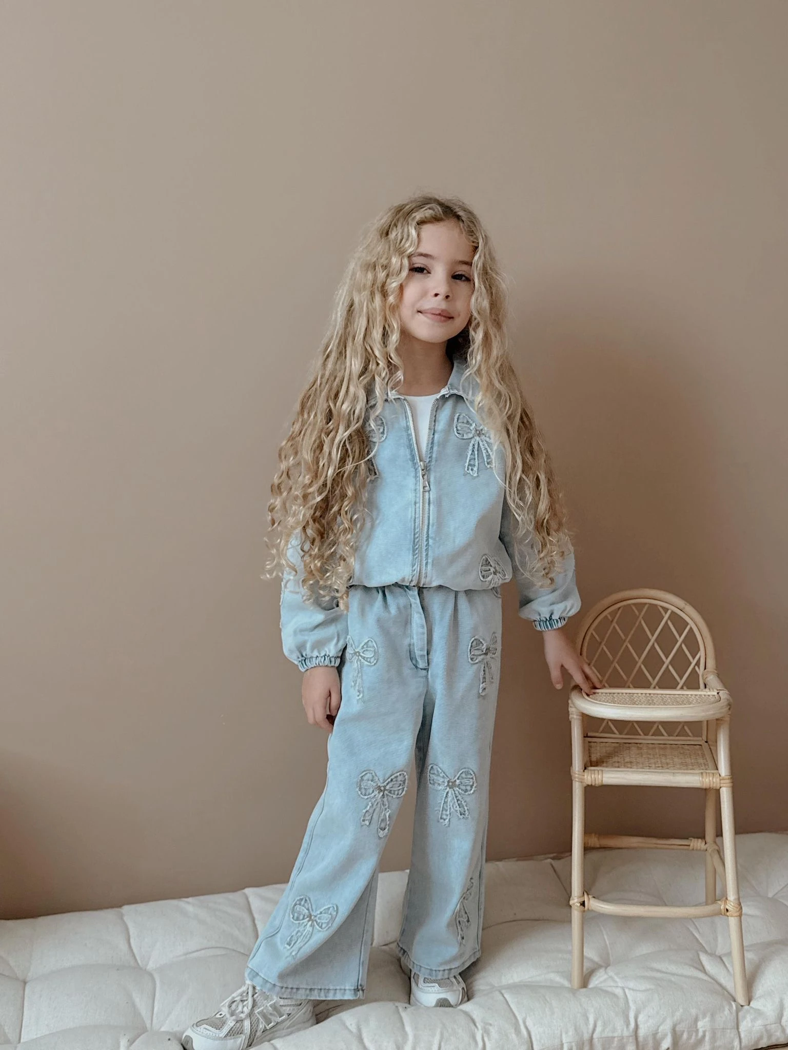 Kız Çocuk Kot Fiyonk Desenli Fermuarlı Takım