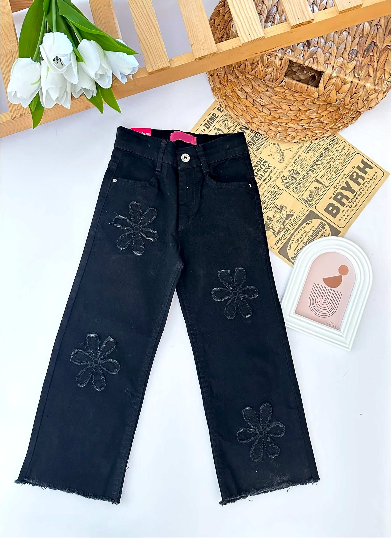 Kız Çocuk Papatya Desenli Siyah Kot Pantolon