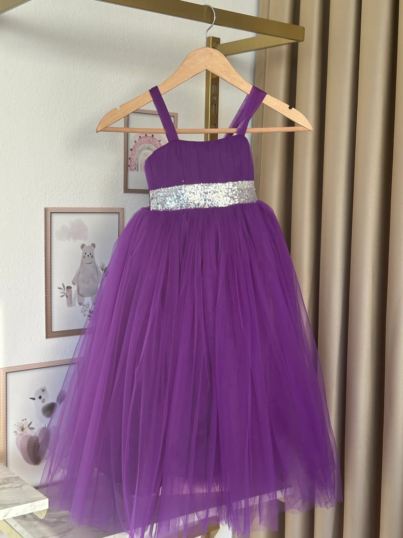 Kız Çocuk Mor Beli Pullu Tüllü Uzun Abiye Elbise
