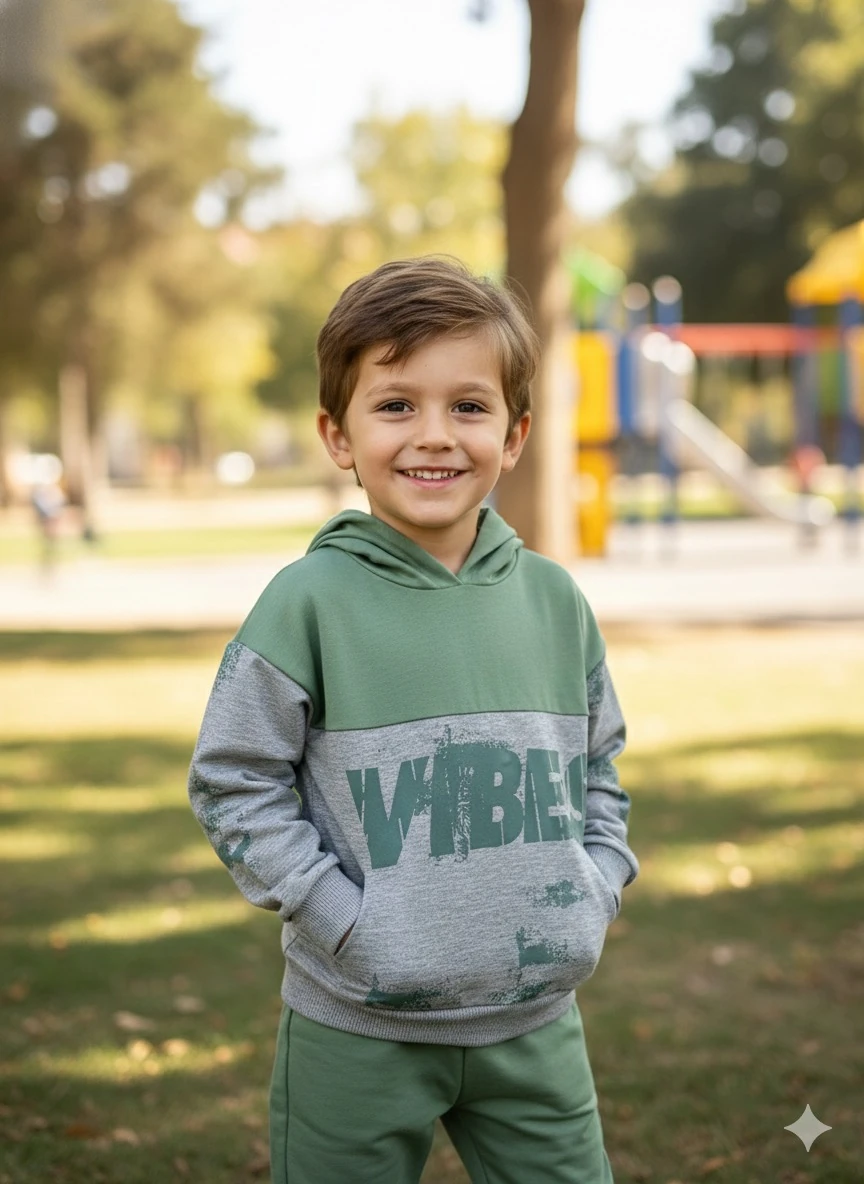 Erkek Çocuk Yeşil Vibes Kapüşonlu Takım