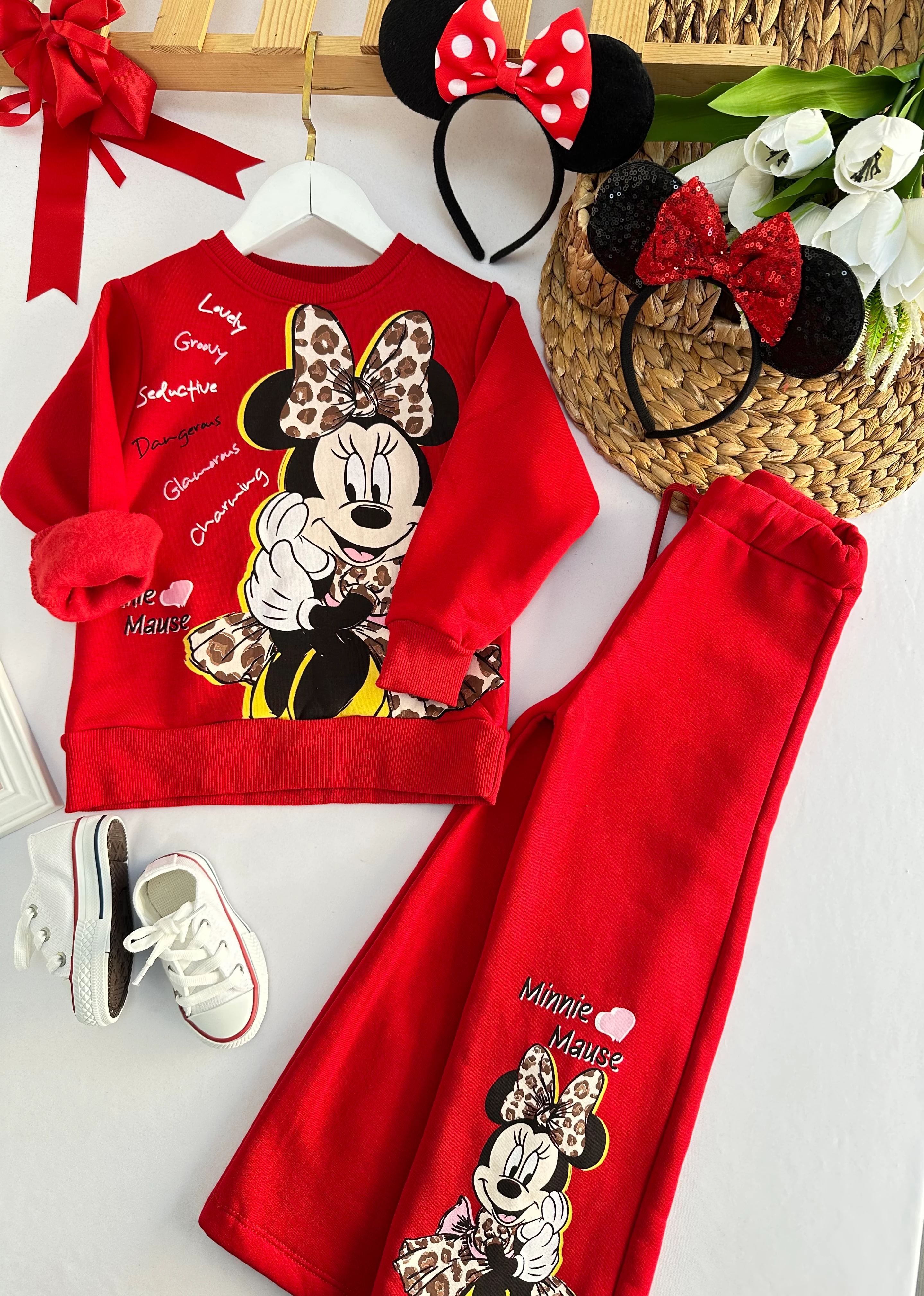 Kız Çocuk Kırmızı Minnie Baskılı Alt-Üst Takım