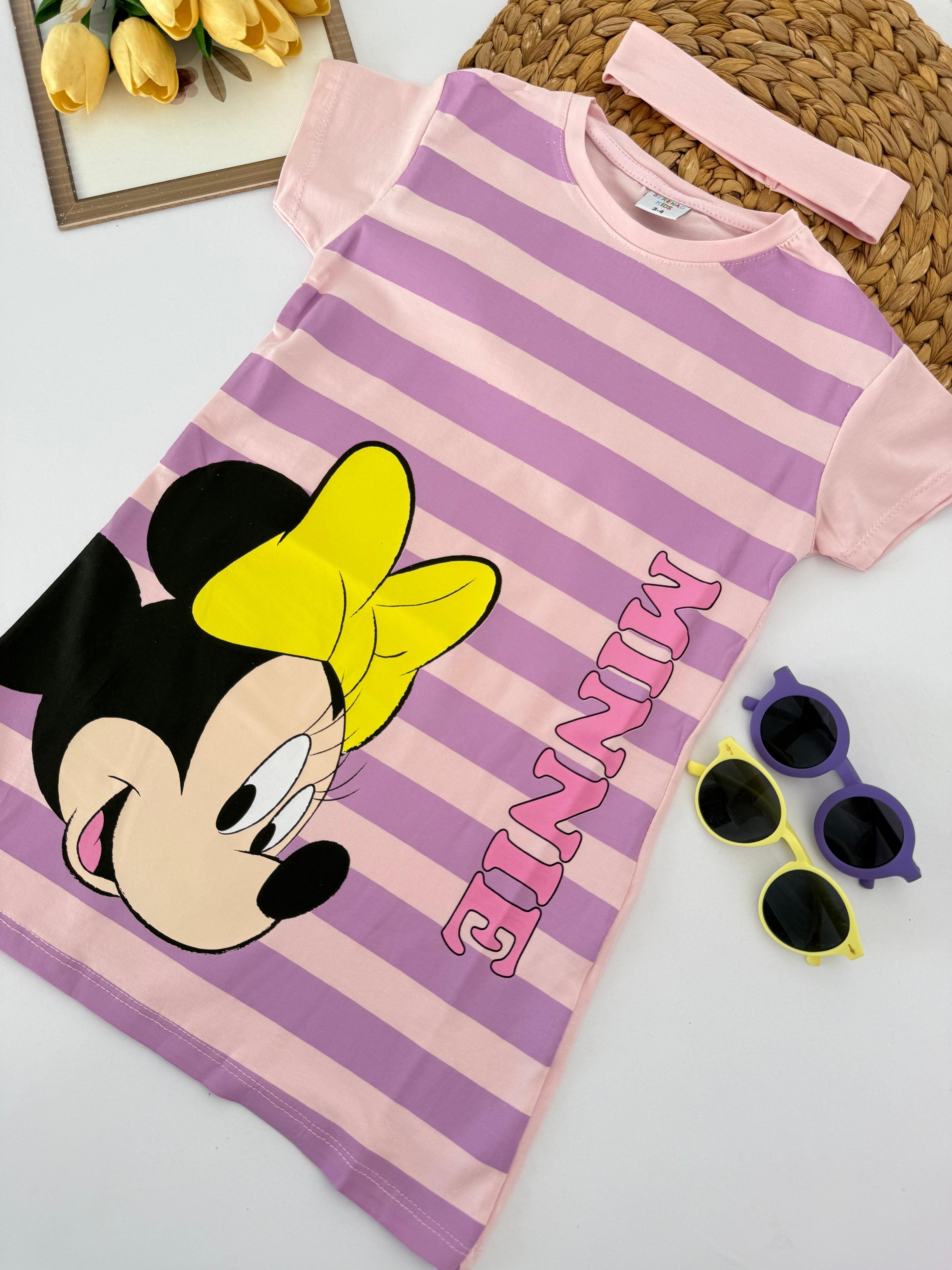 Kız Çocuk Pembe Minnie Mouse Bandanalı Tunik Elbise