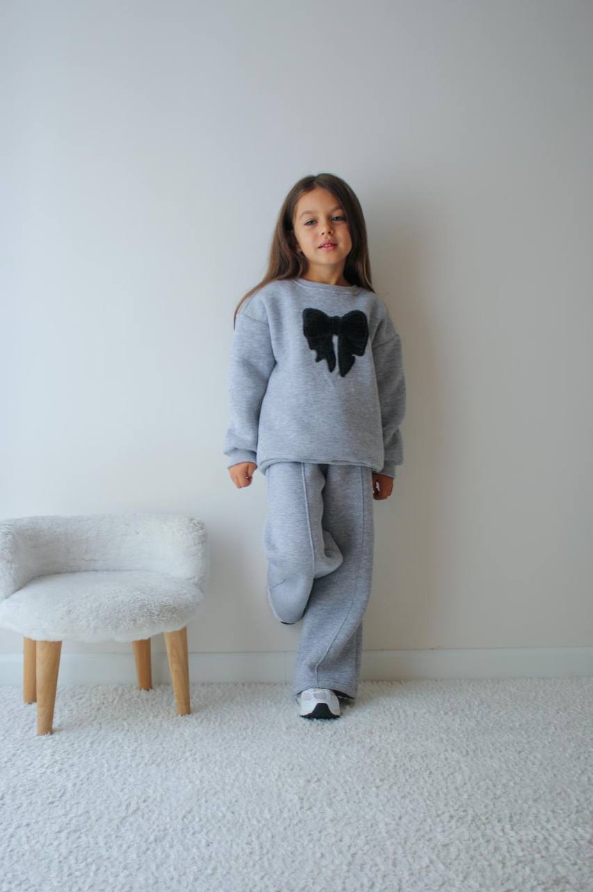 Kız Çocuk Gri Siyah Boncuk Fiyonklu Alt-Üst Takım