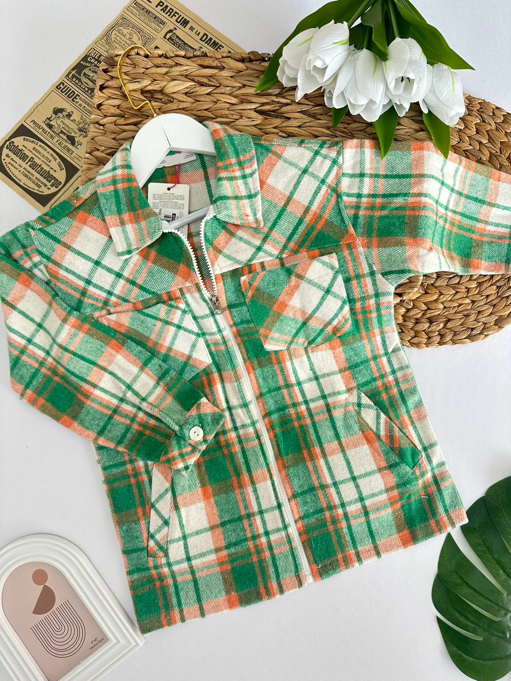 Kız Çocuk Yeşil Turuncu Ekose Desenli Oduncu Gömlek