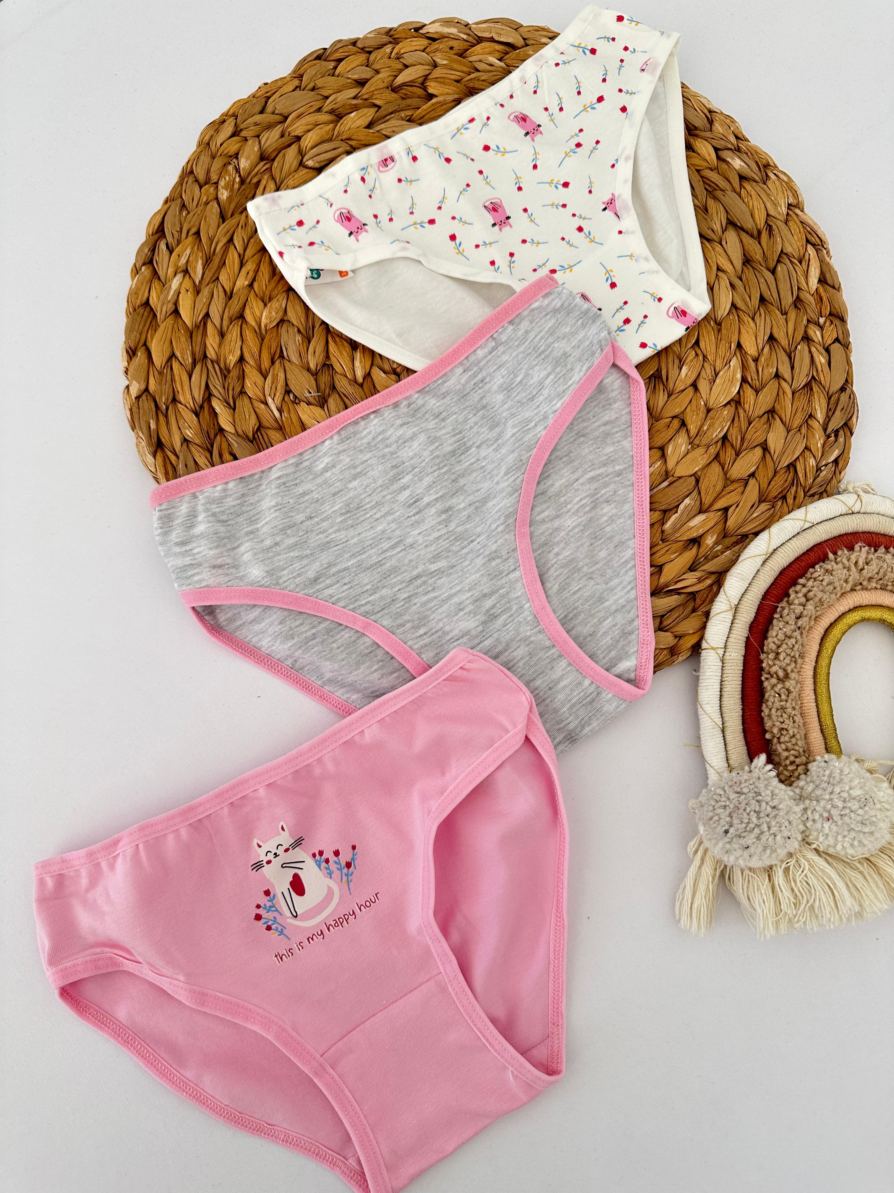 Kız Çocuk Pembe Çiçekli Kedicik Desenli 3’lü Slip Külot