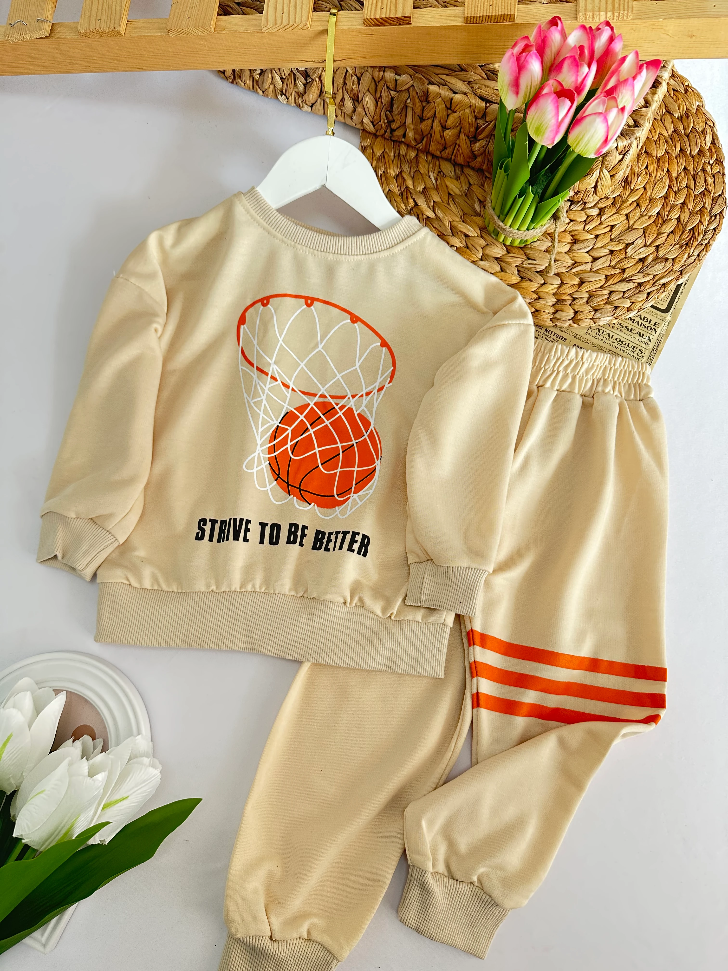 Erkek Çocuk Ekru Basket Baskılı Takım