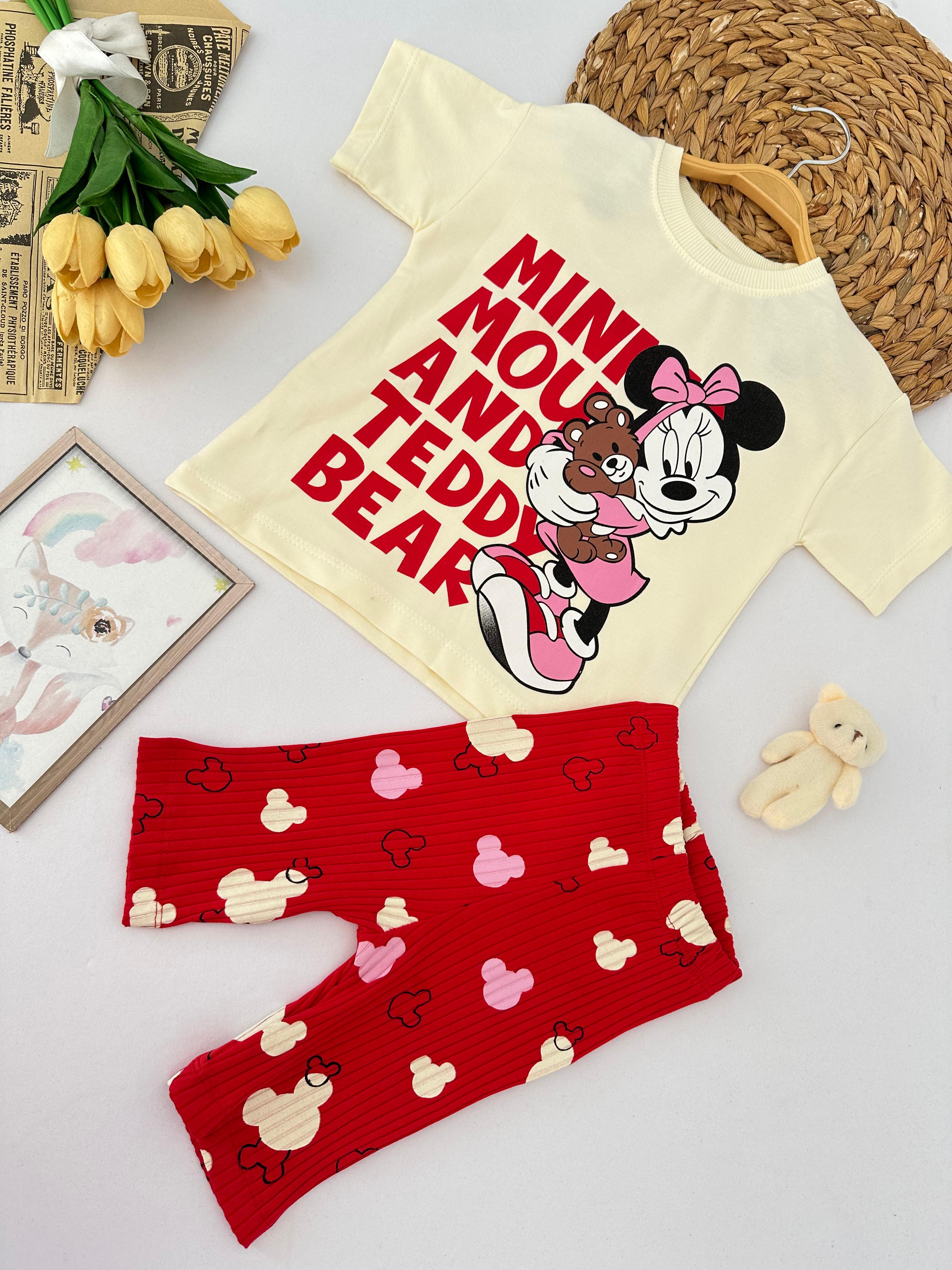 Kız Çocuk Kırmızı Minnie Teddy Kapri Takım