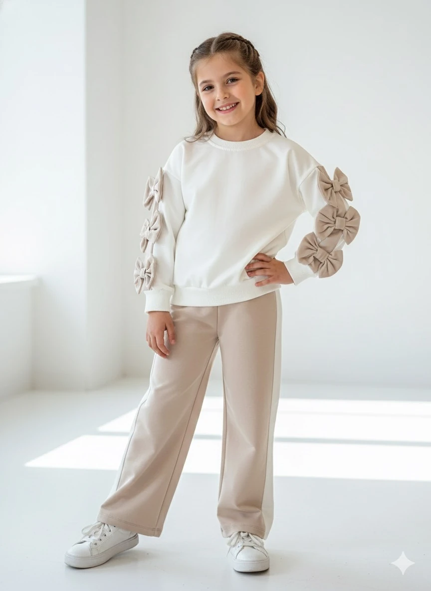 Kız Çocuk Bej Kolları Fiyonklu 2'li Alt-Üst Takım
