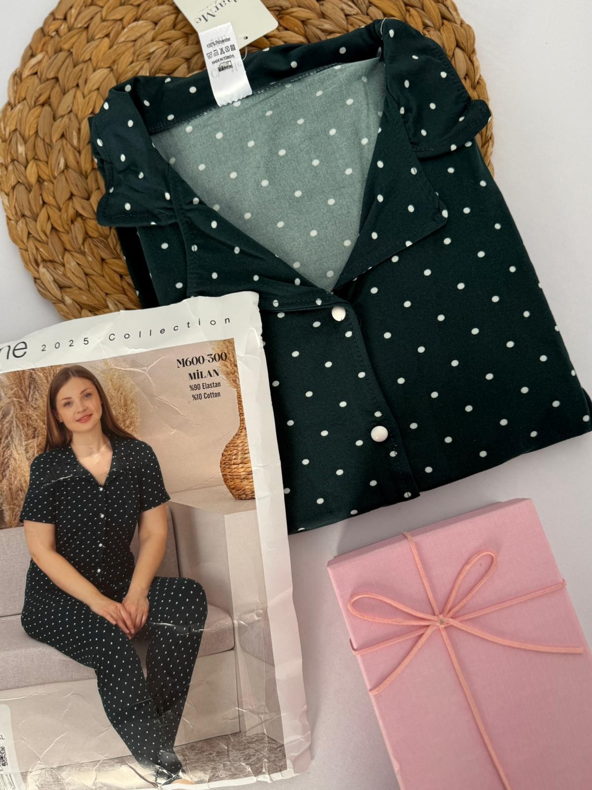 Yeşil Puantiyeli Battal Boy Kadın Pijama Takım