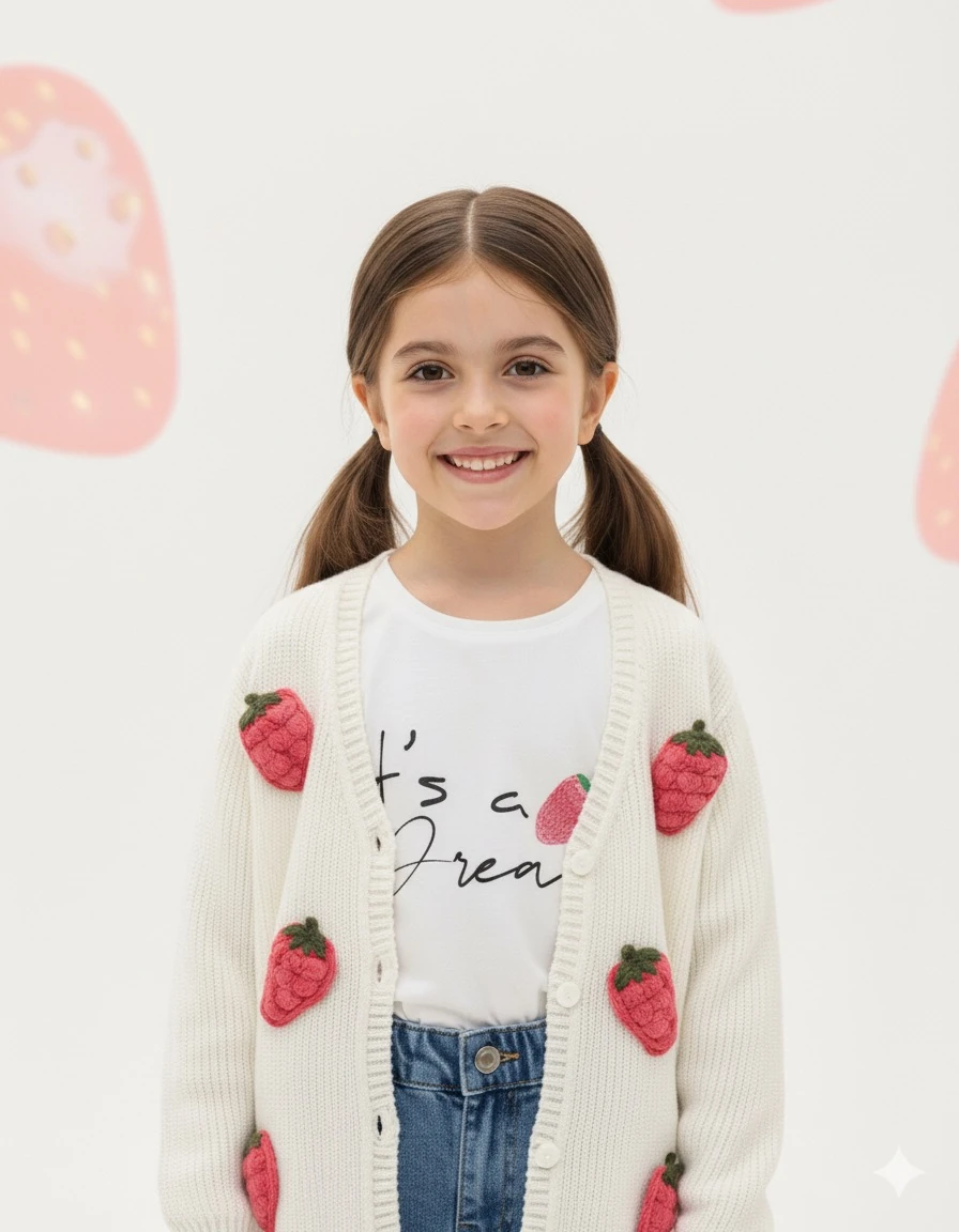 Kız Çocuk Pembe Çilek Hırkalı 3'lü Takım