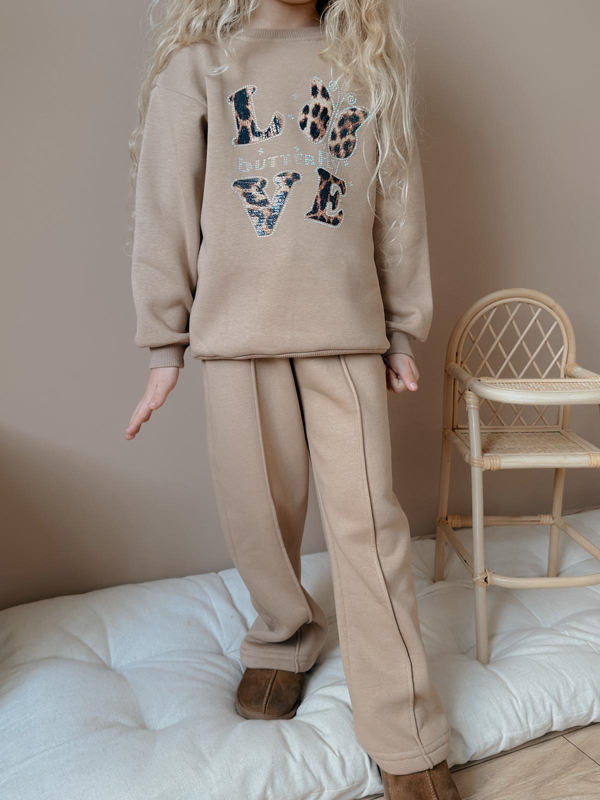 Kız Çocuk Bej Leopar Kelebek Desenli Alt-Üst Takım