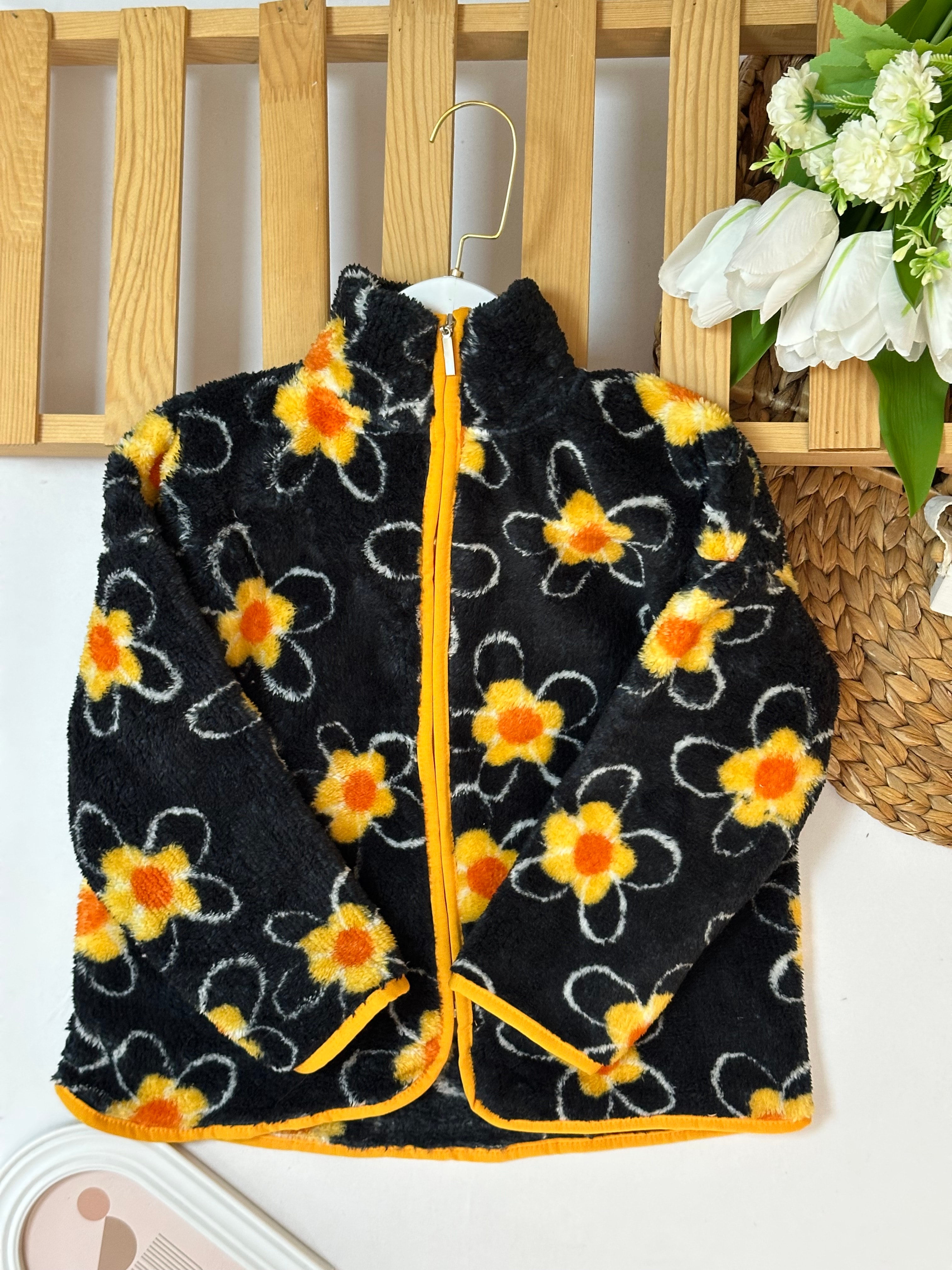 kız Çocuk Sarı Papatyalı Peluş Hırka