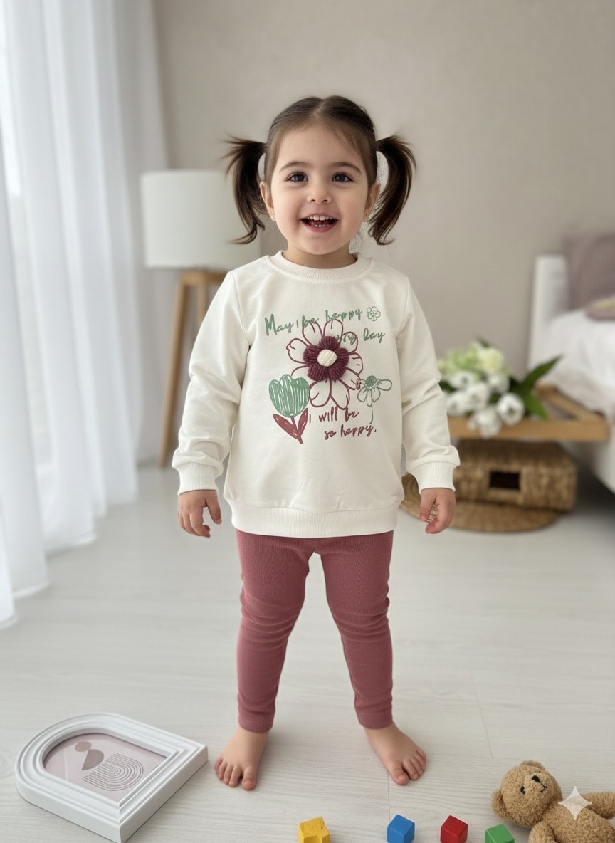 Kız Çocuk Mürdüm Çiçek Nakışlı 2'li Takım