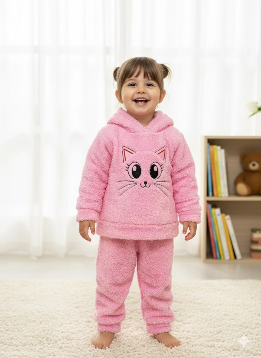 Kız Çocuk Pembe Kedili Peluş Takım
