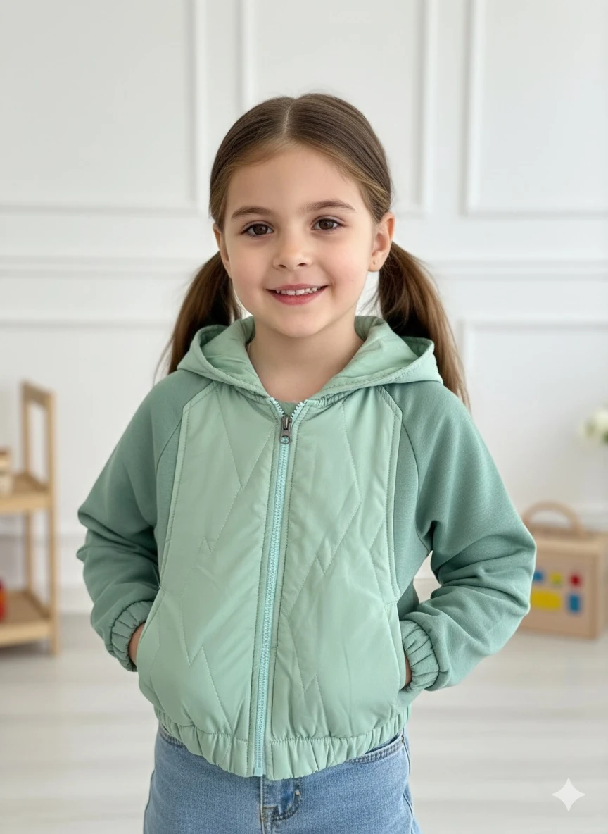 Kız Çocuk Su Yeşili İnce Fermuarlı Mont