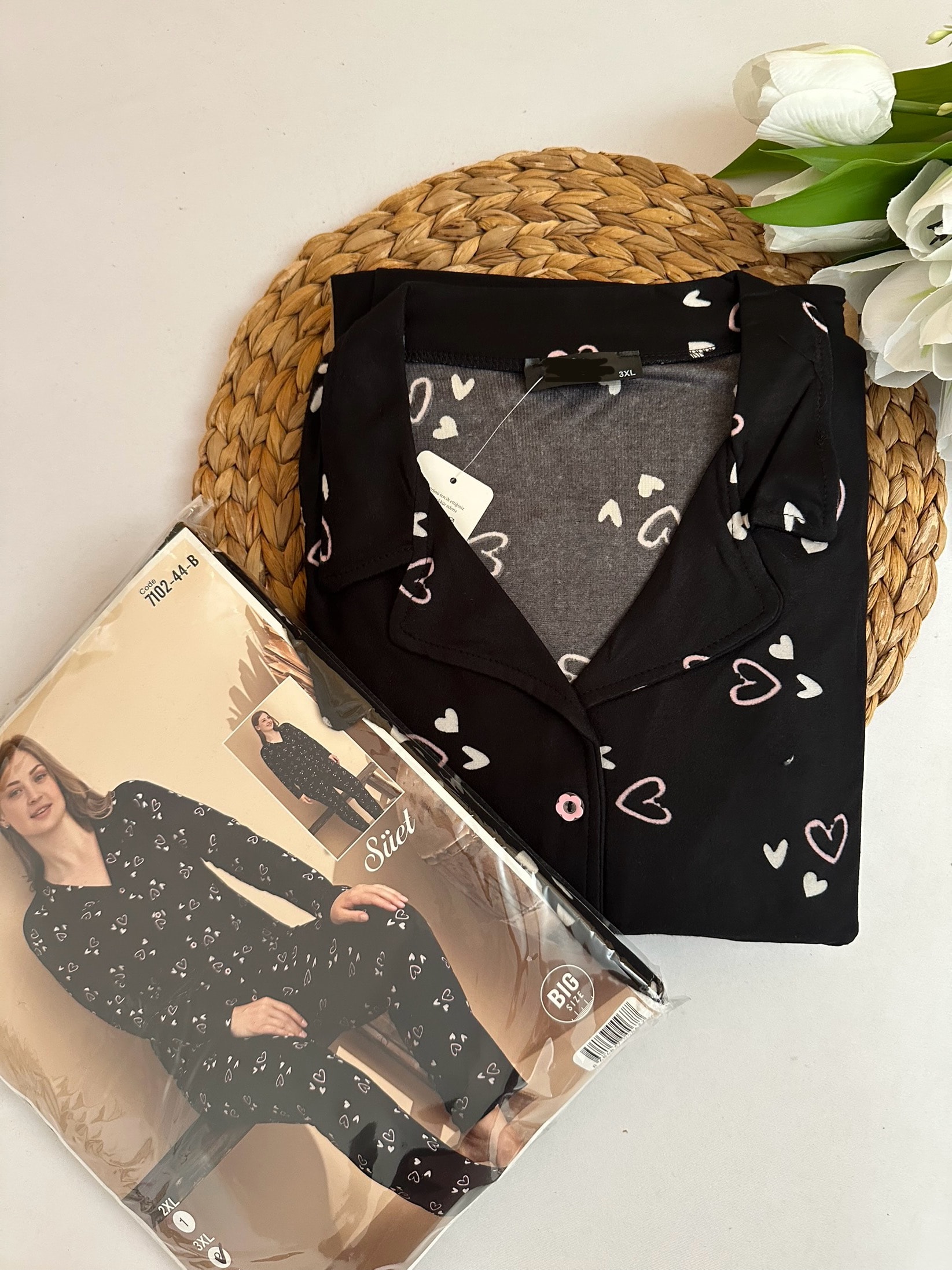 Siyah Pembe Kalp Desenli Süet Battal Boy Kadın Pijama Takımı