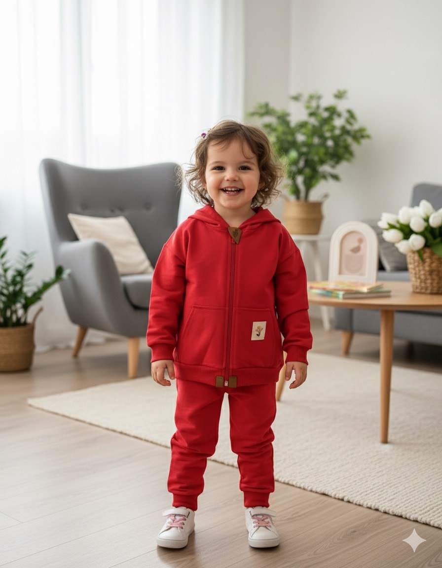 Kız Çocuk Kırmızı Fermuarlı 2’li Takım