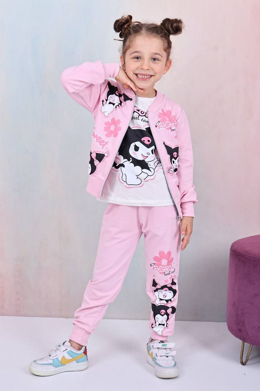 Kız Çocuk Pembe Kuromi Baskılı 3'lü Takım