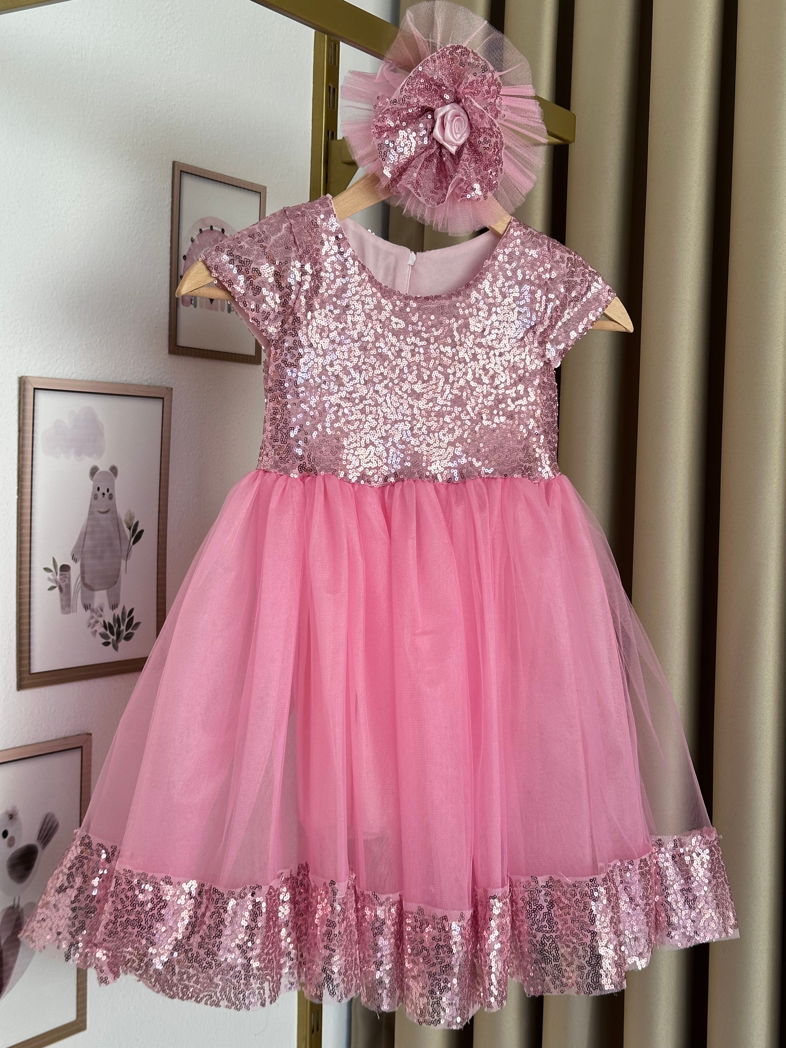 Kız Çocuk Pembe Toka Hediyeli Pullu Abiye Elbise
