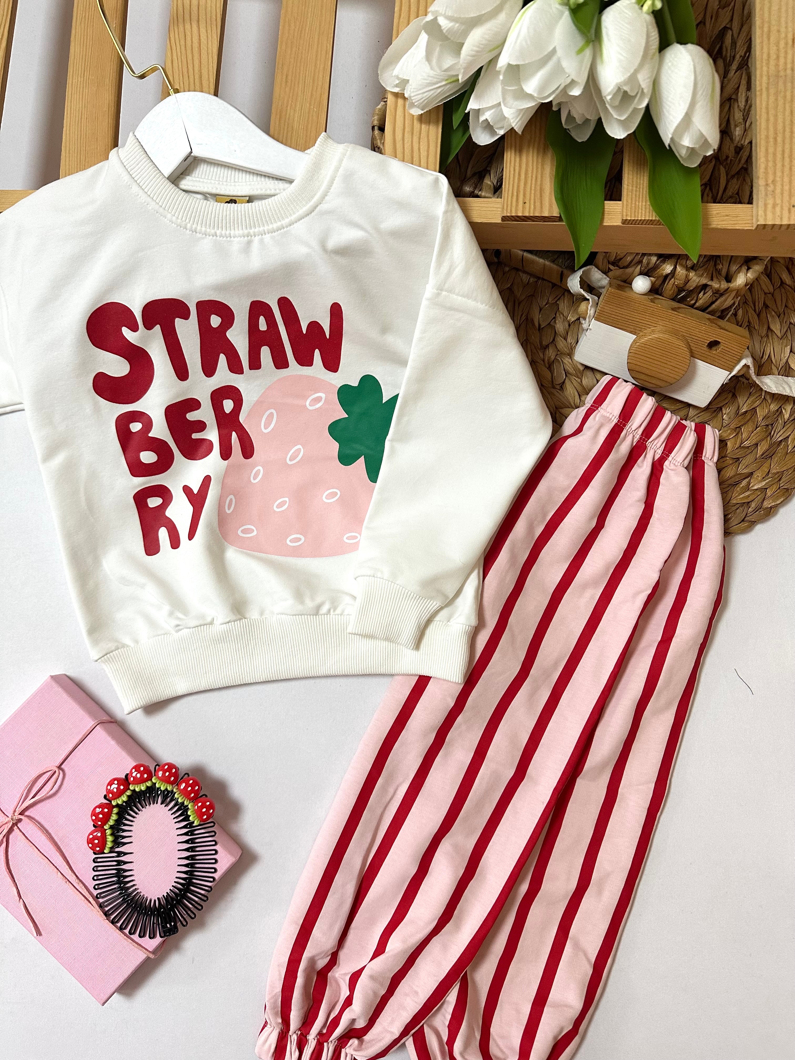 Kız Çocuk Pembe Çilekli Çizgili Takım