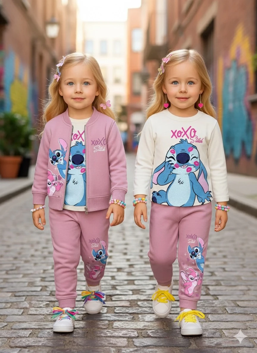 Kız Çocuk Gül Kurusu Stitch 3'lü Takım