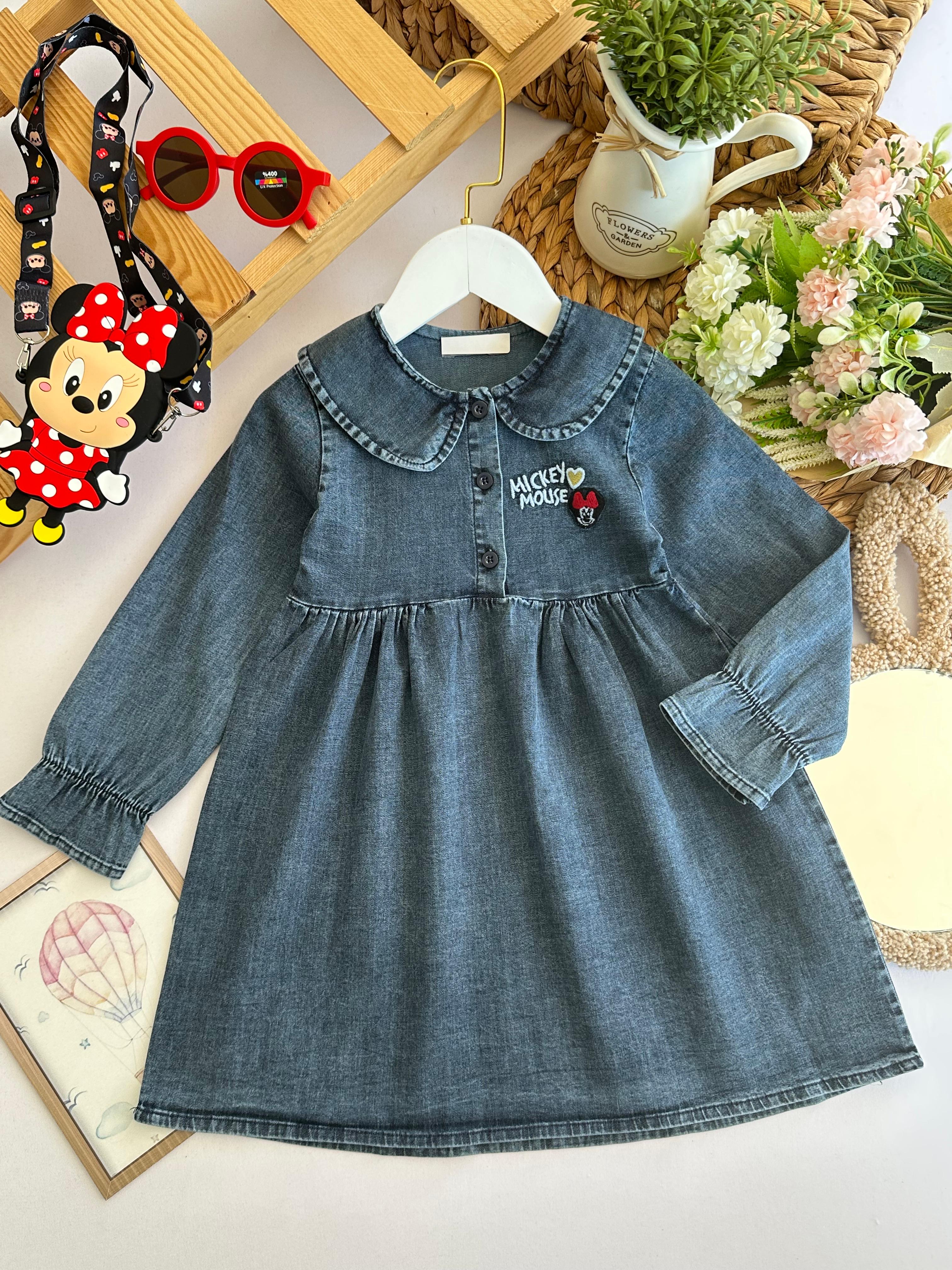 Kız Çocuk Koyu Mavi Mickey Mouse Kot Elbise