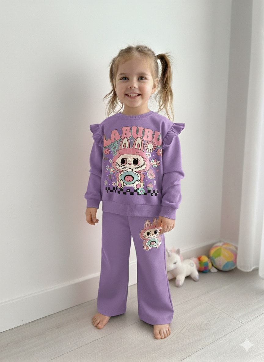 Kız Çocuk Mor  Labubu Baskılı 2’li Takım