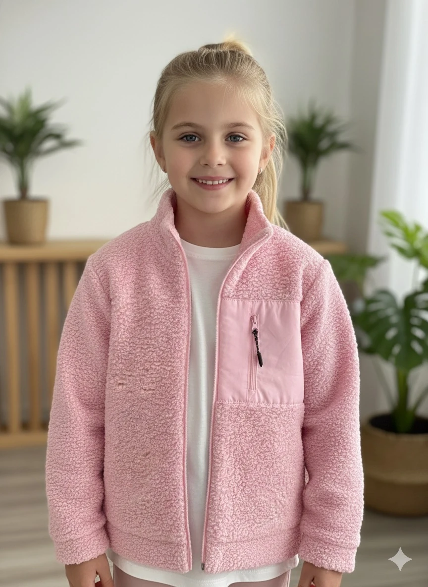 Kız Çocuk Pembe Cepli Peluş Hırka