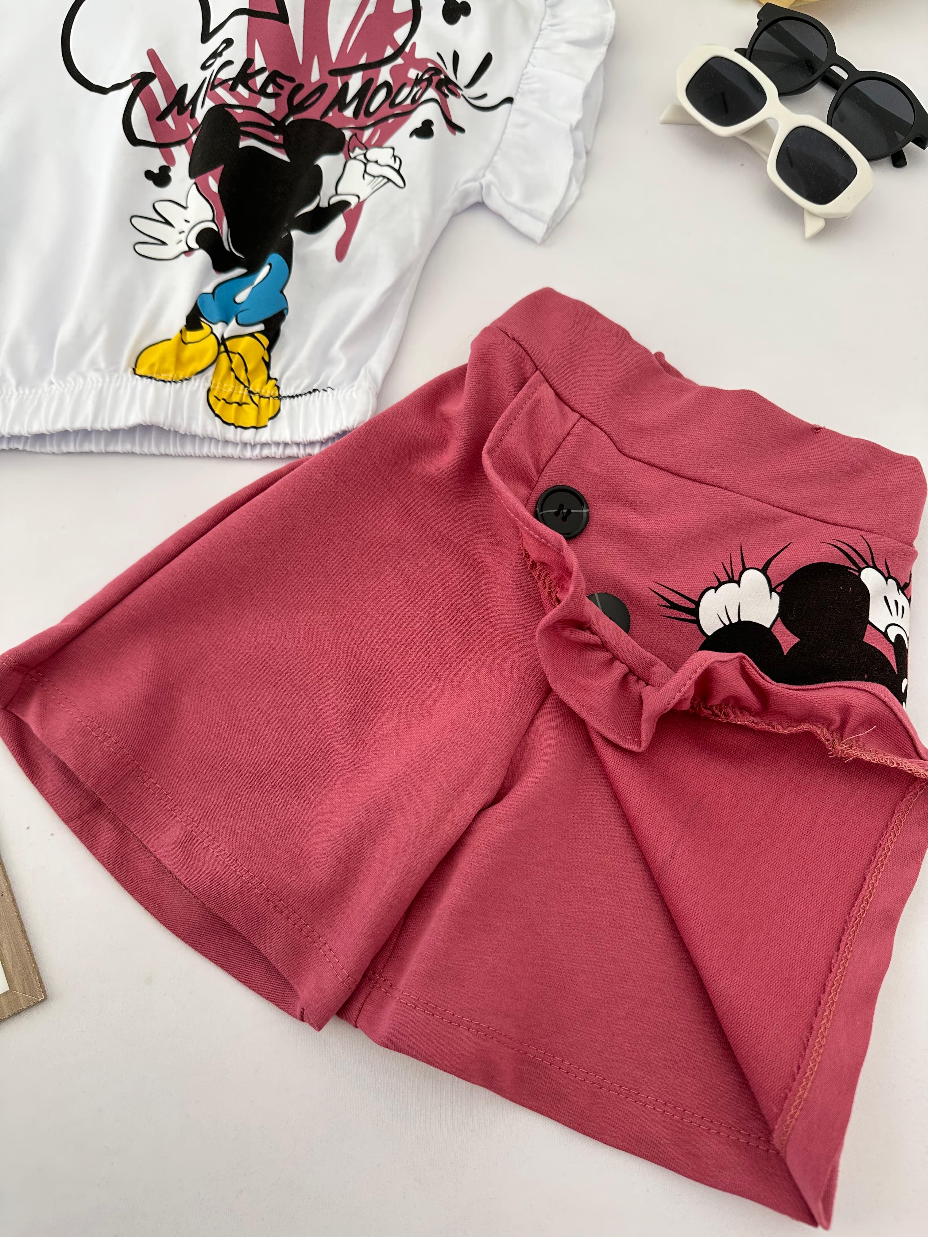 Kız Çocuk Mürdüm Mickey Mouse Şort Etekli Crop Takım