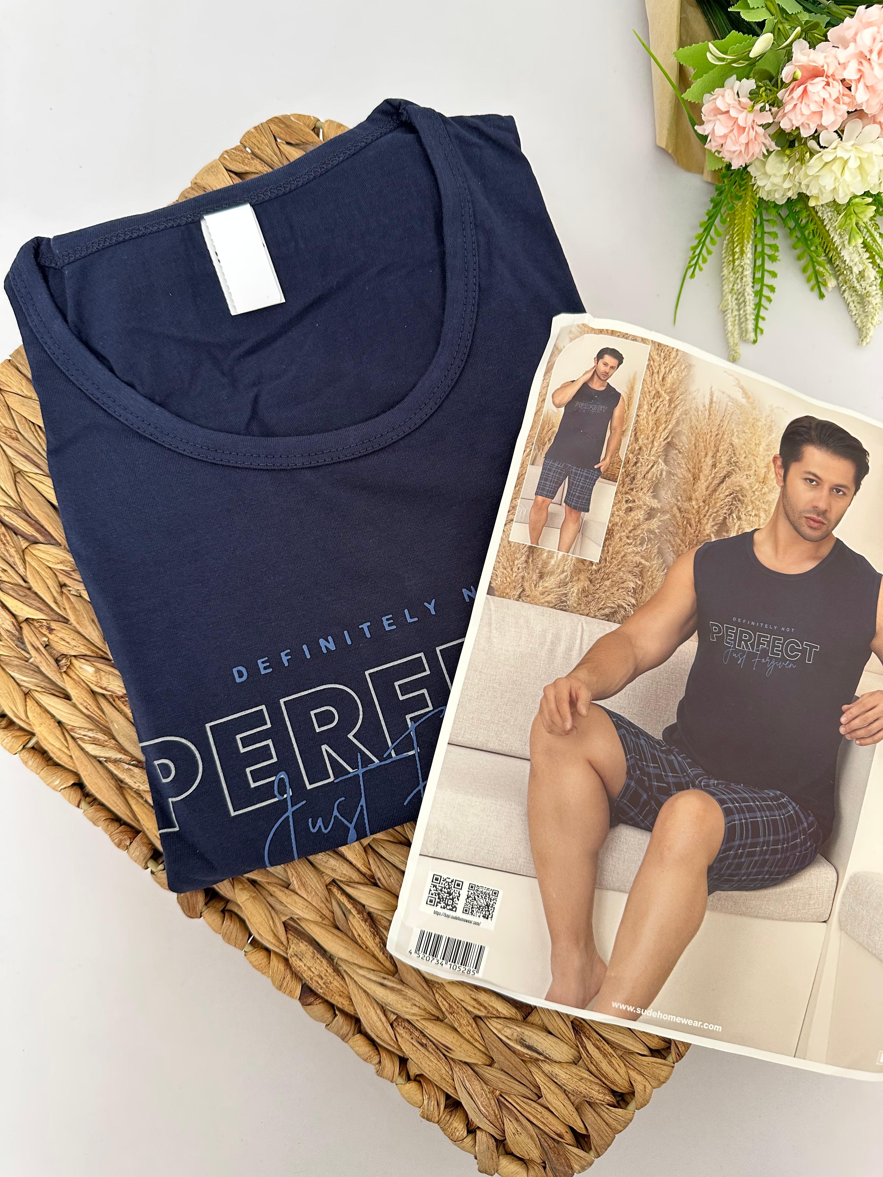 Lacivert Perfect Yazılı Şortlu Erkek Pijama Takımı