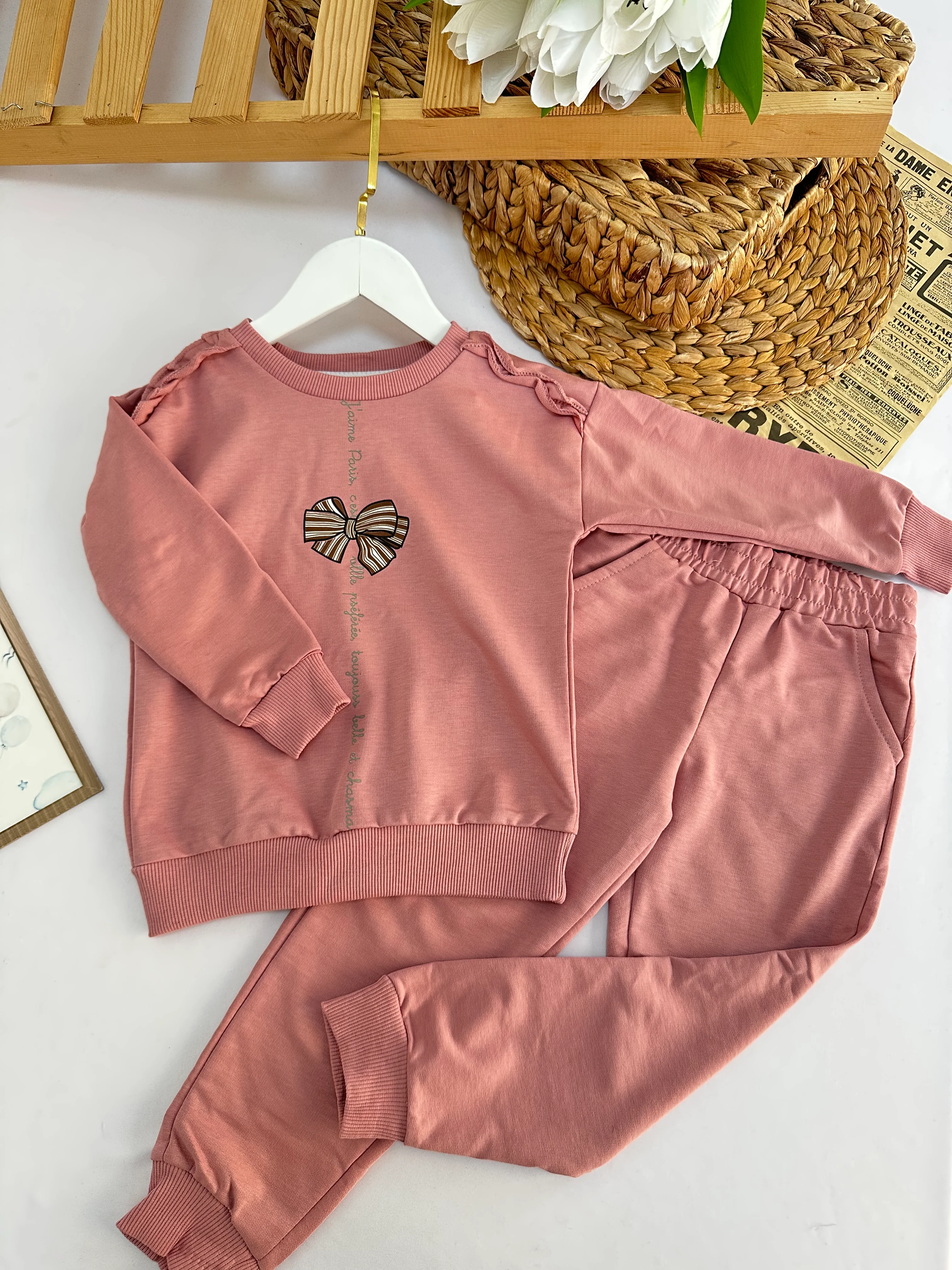 Kız Çocuk Gül Kurusu  Kurdele Detaylı Takım