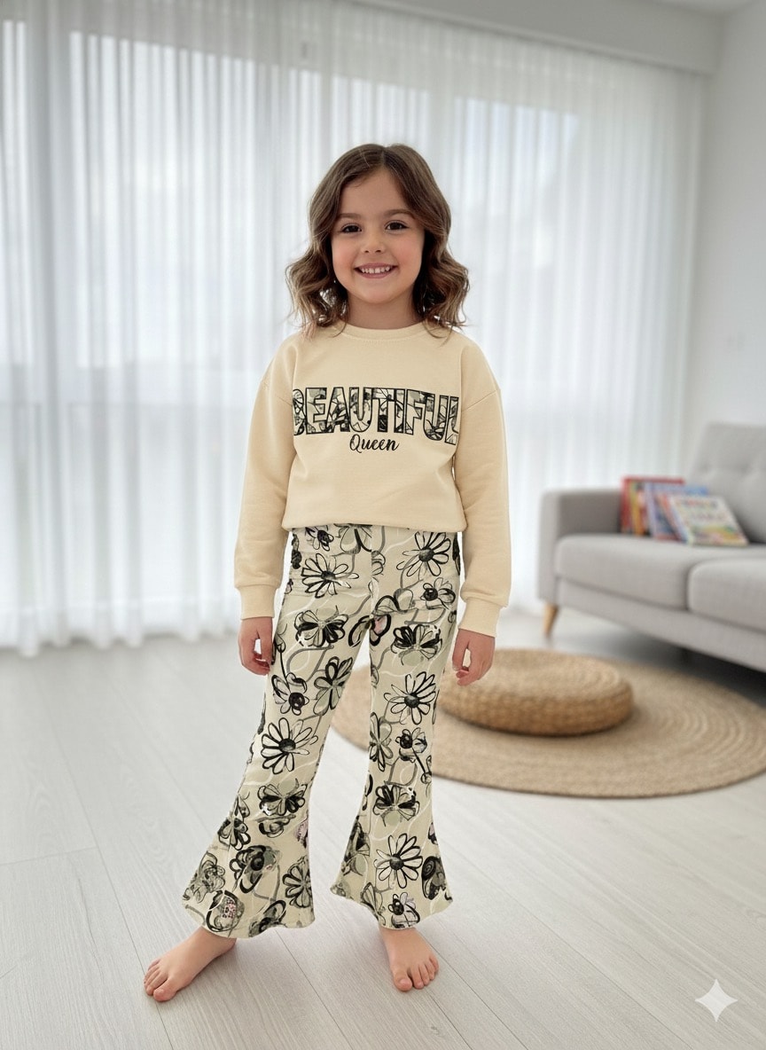 Kız Çocuk Ekru Beautiful Desenli Takım