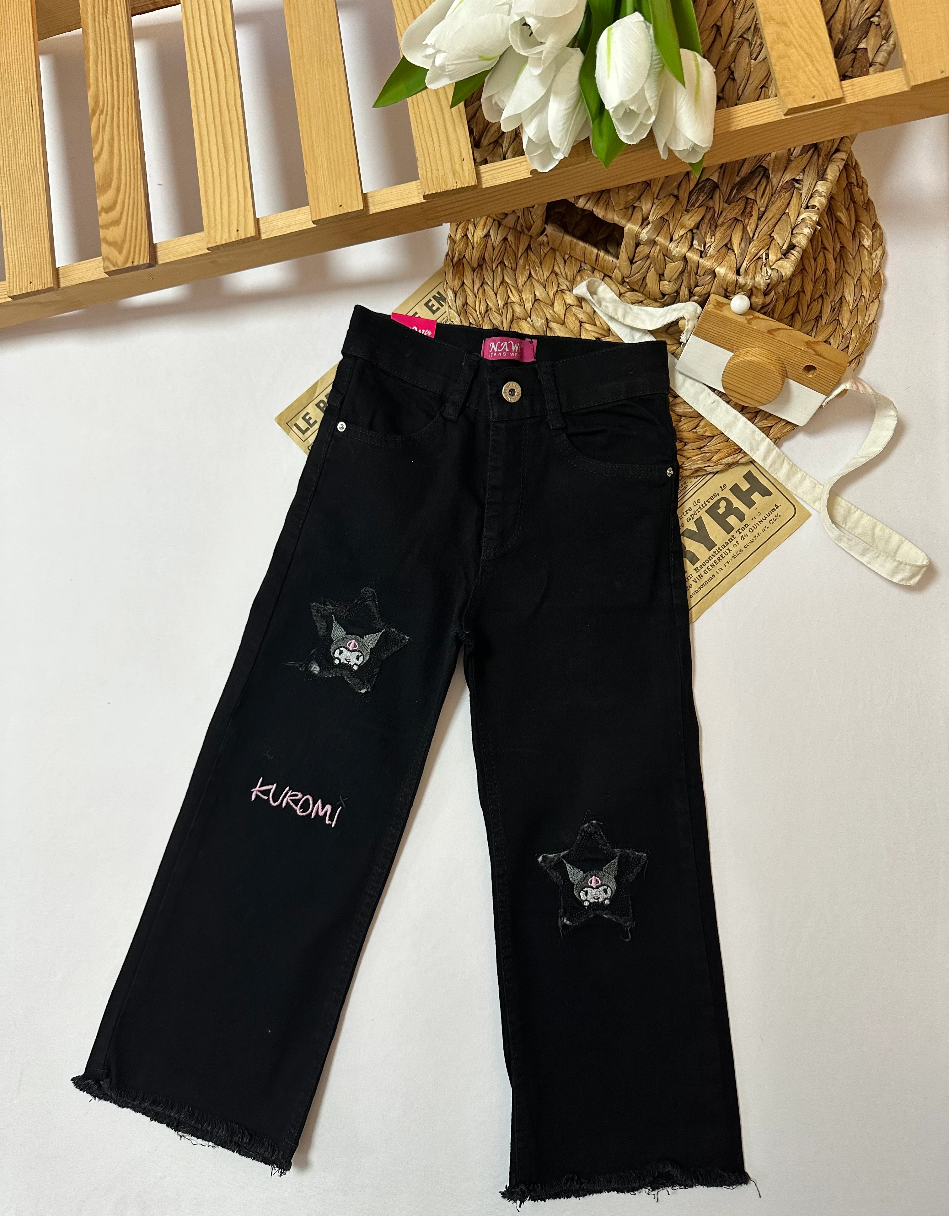 Kız Çocuk Kuromi Yıldız Baskılı Siyah Kot Pantolon