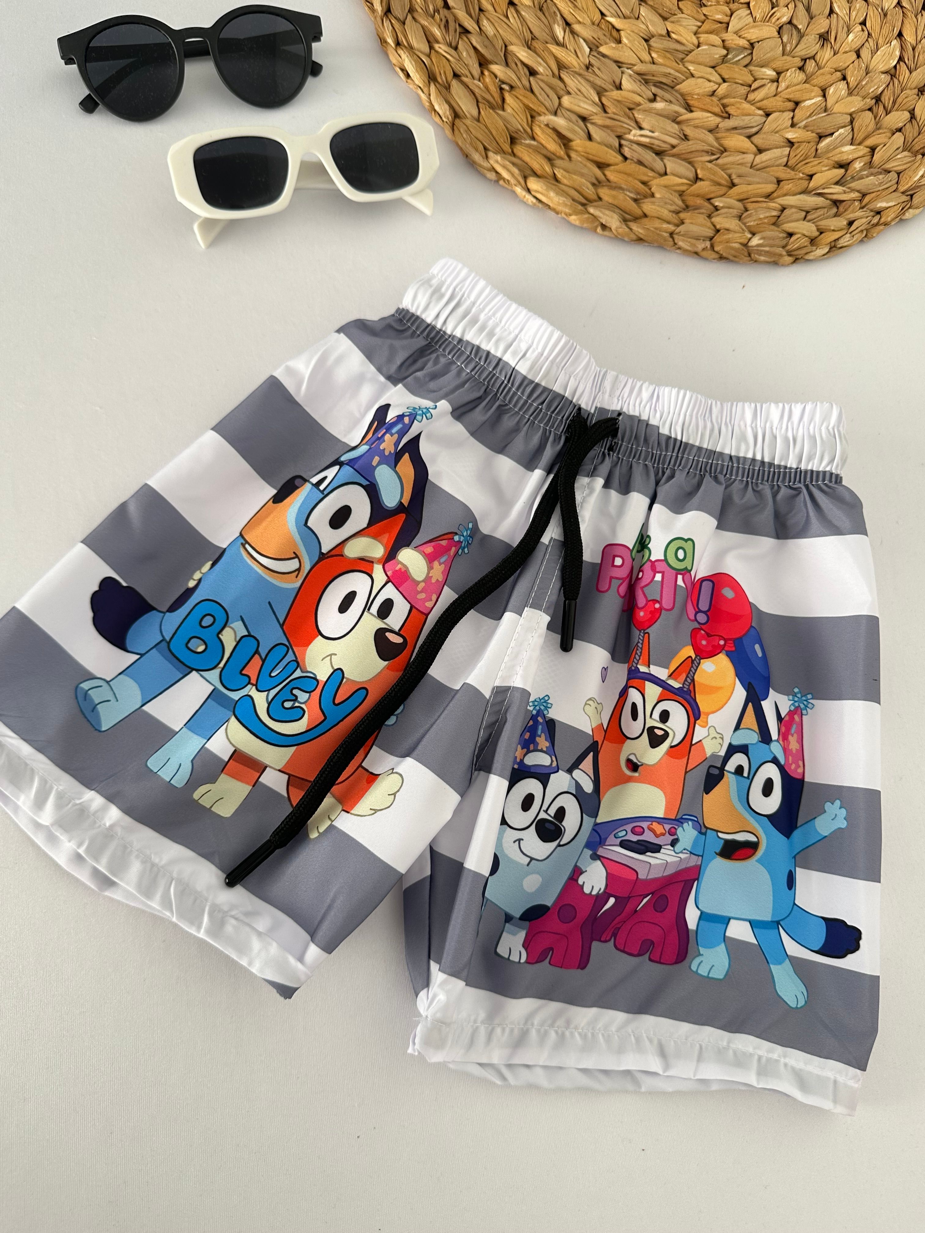 Erkek Çocuk Beyaz Çizgili Bluey Deniz Şortu