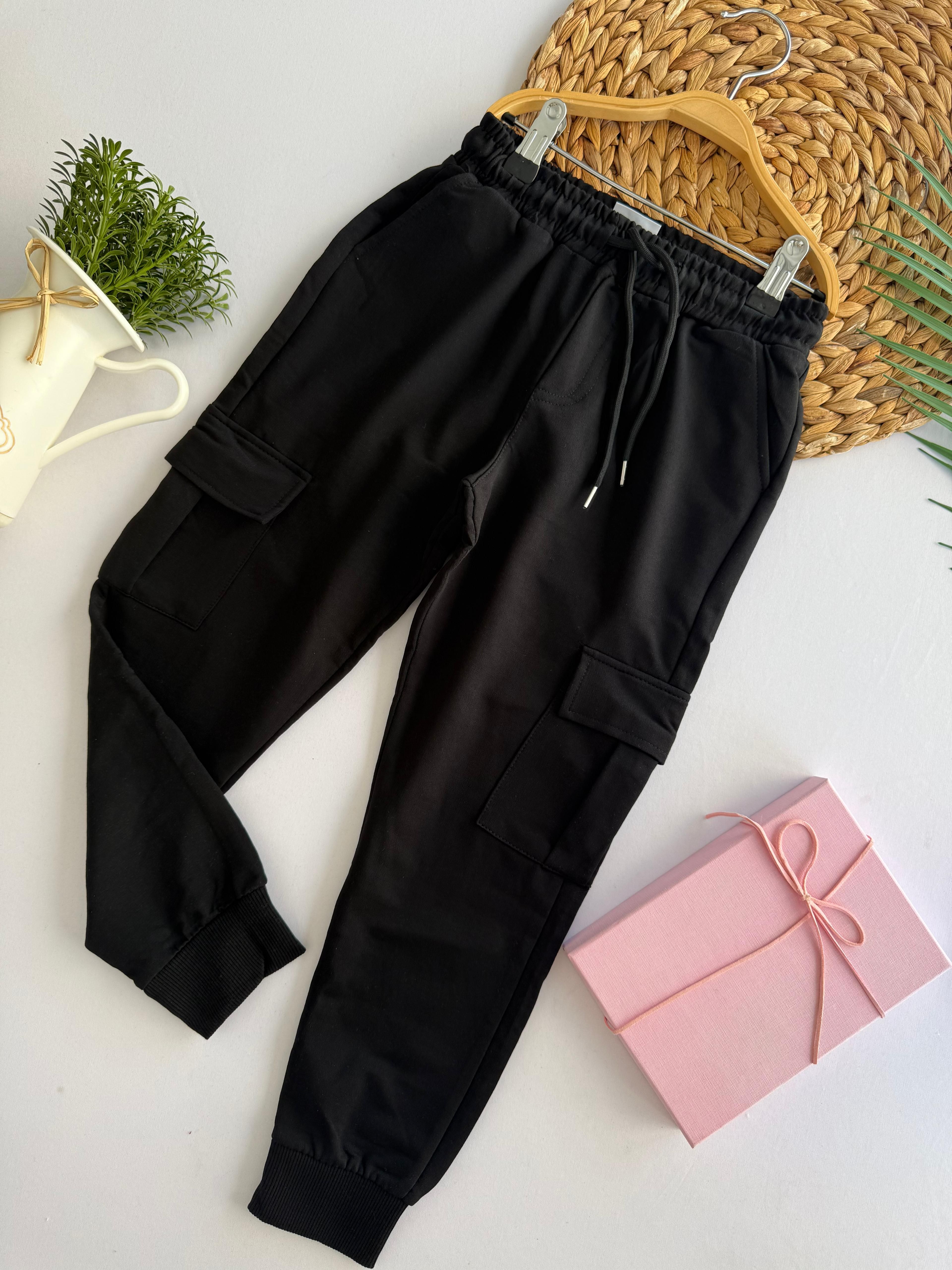 Unisex Siyah Kargo Cepli Eşofman Altı