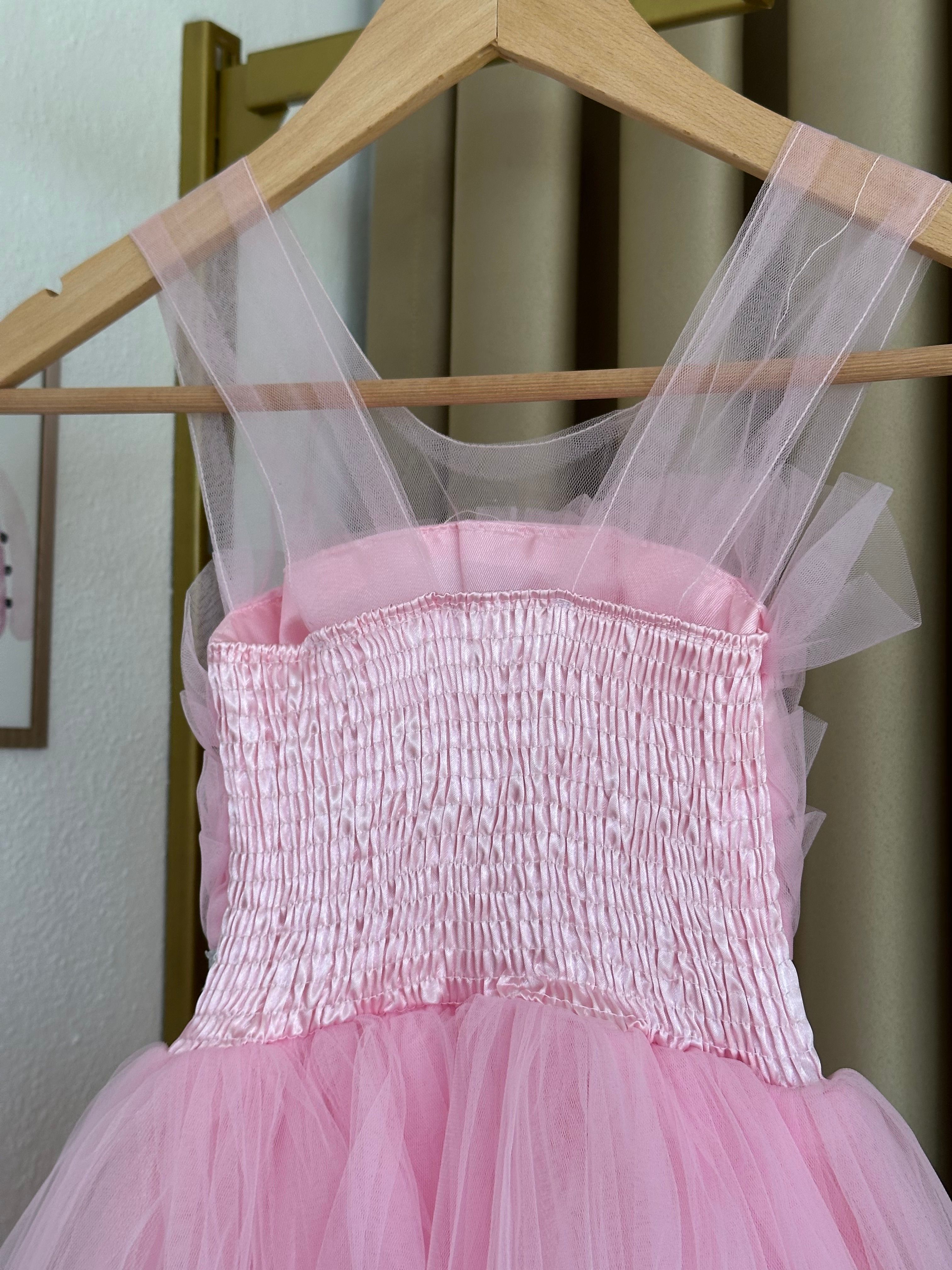 Kız Çocuk Toz Pembe Fırfır Detaylı Tüllü Uzun Abiye Elbise 