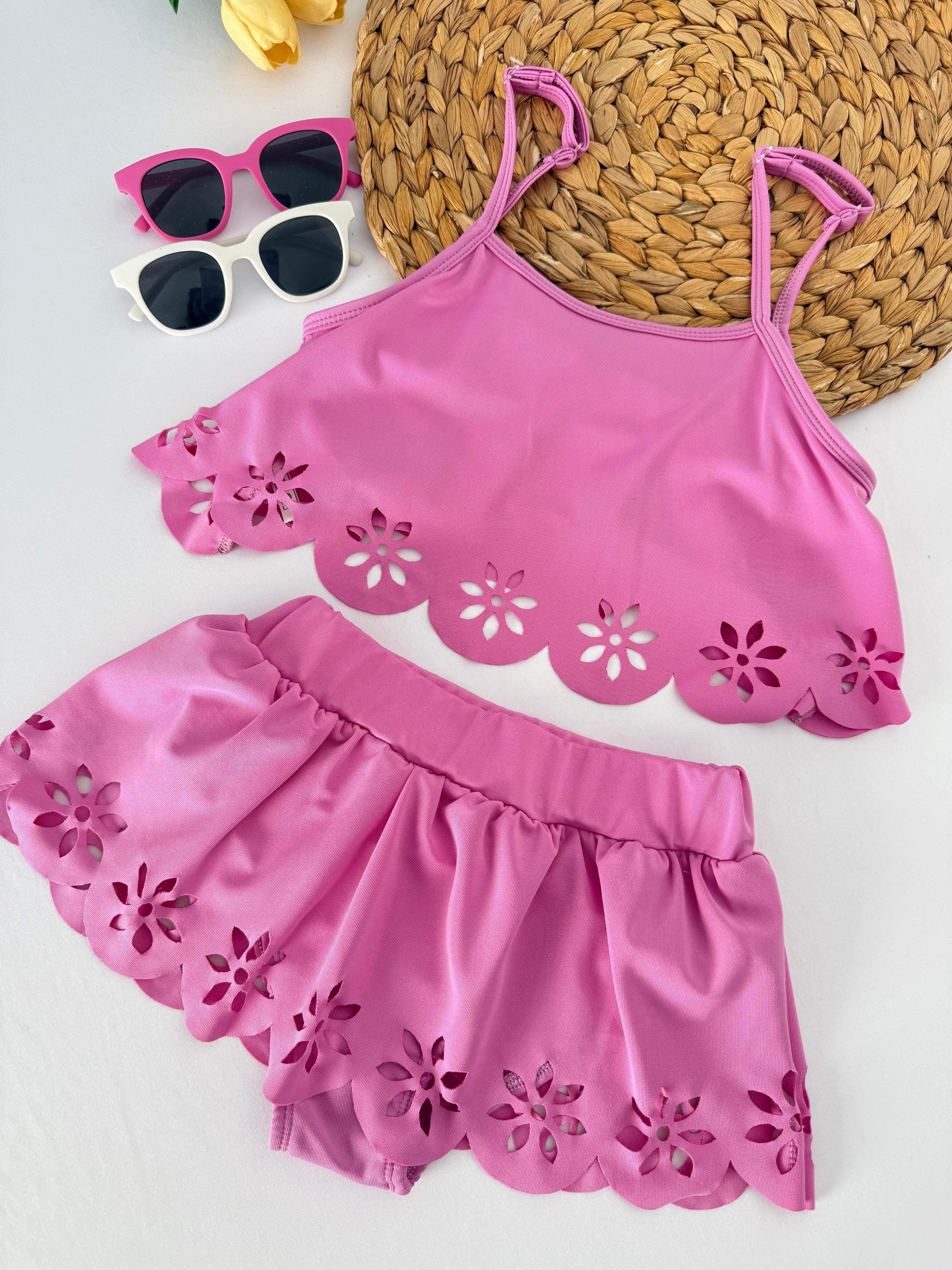 Kız Çocuk Pembe Pileli Etekli Çiçek Desenli Bikini Takımı