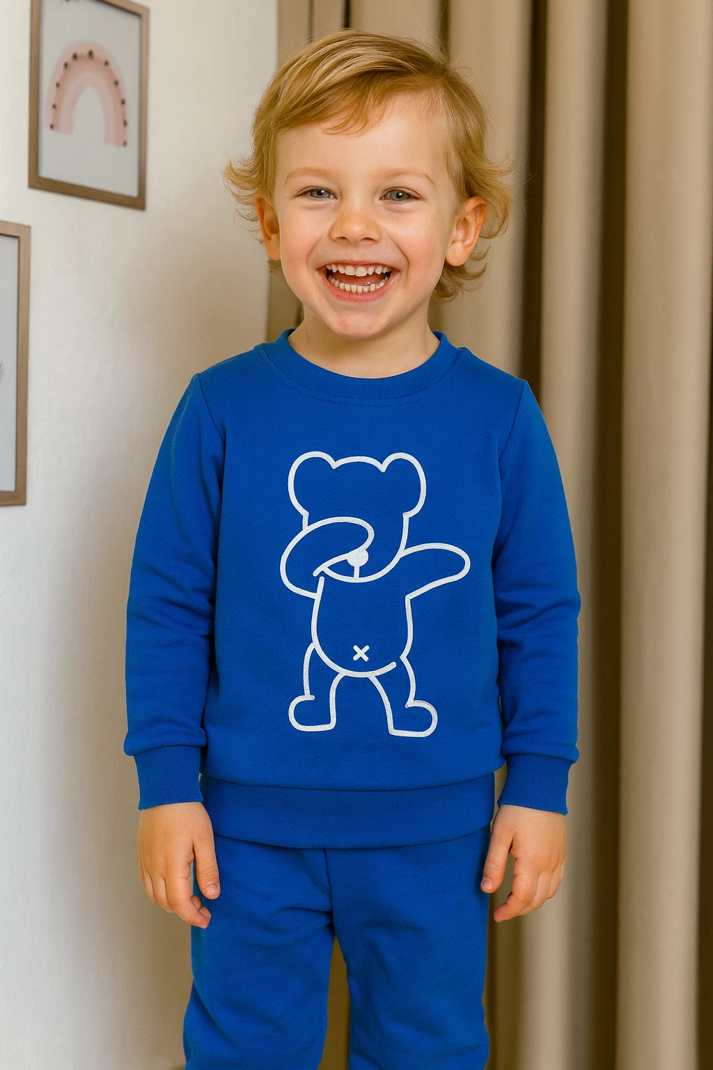 Erkek Çocuk Mavi Ayıcık Baskılı 2'li Takım