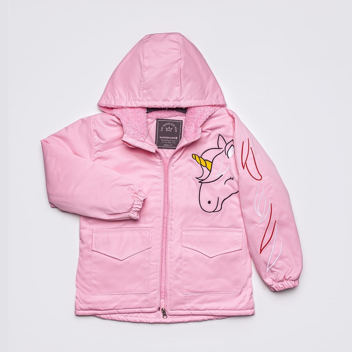 Kız Çocuk Pembe Unicorn Nakışlı Peluş Kuzu Astarlı Mont