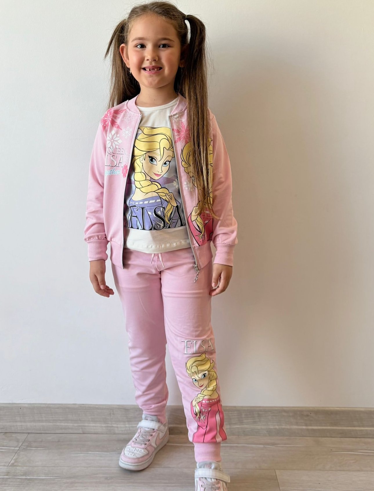 Kız Çocuk Toz Pembe Elsa 3’lü Fermuarlı Takım