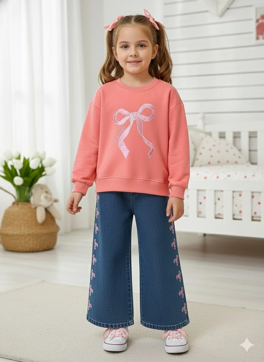 Kız Çocuk Pembe Fiyonklu Kot Pantolonlu Takım