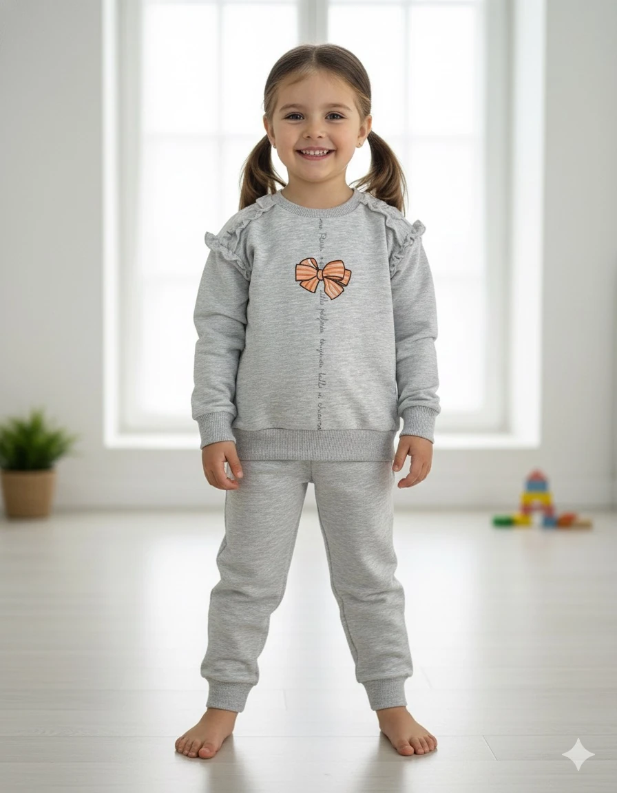 Kız Çocuk Gri  Kurdele Detaylı Takım