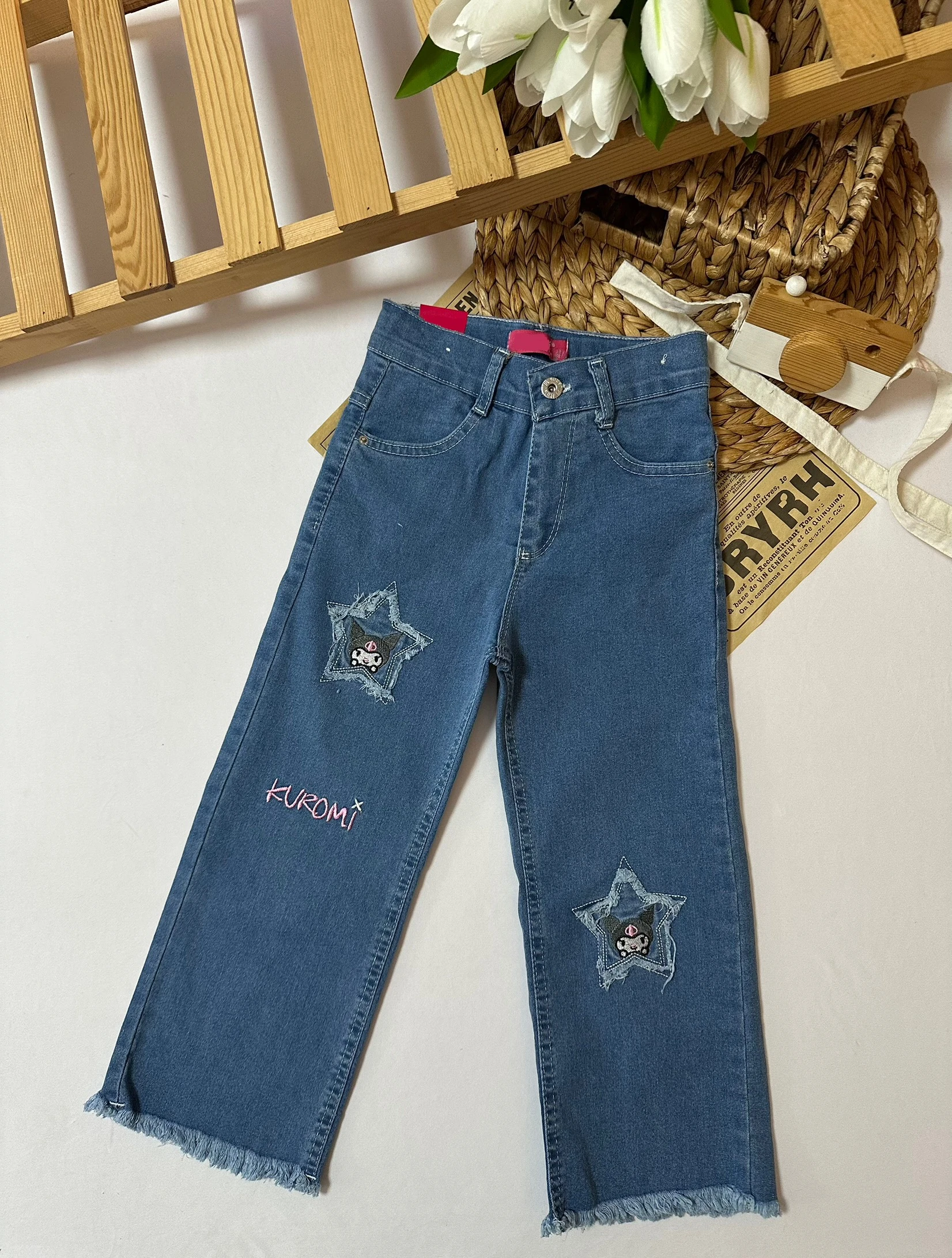 Kız Çocuk Kuromi Yıldız Baskılı Mavi Kot Pantolon