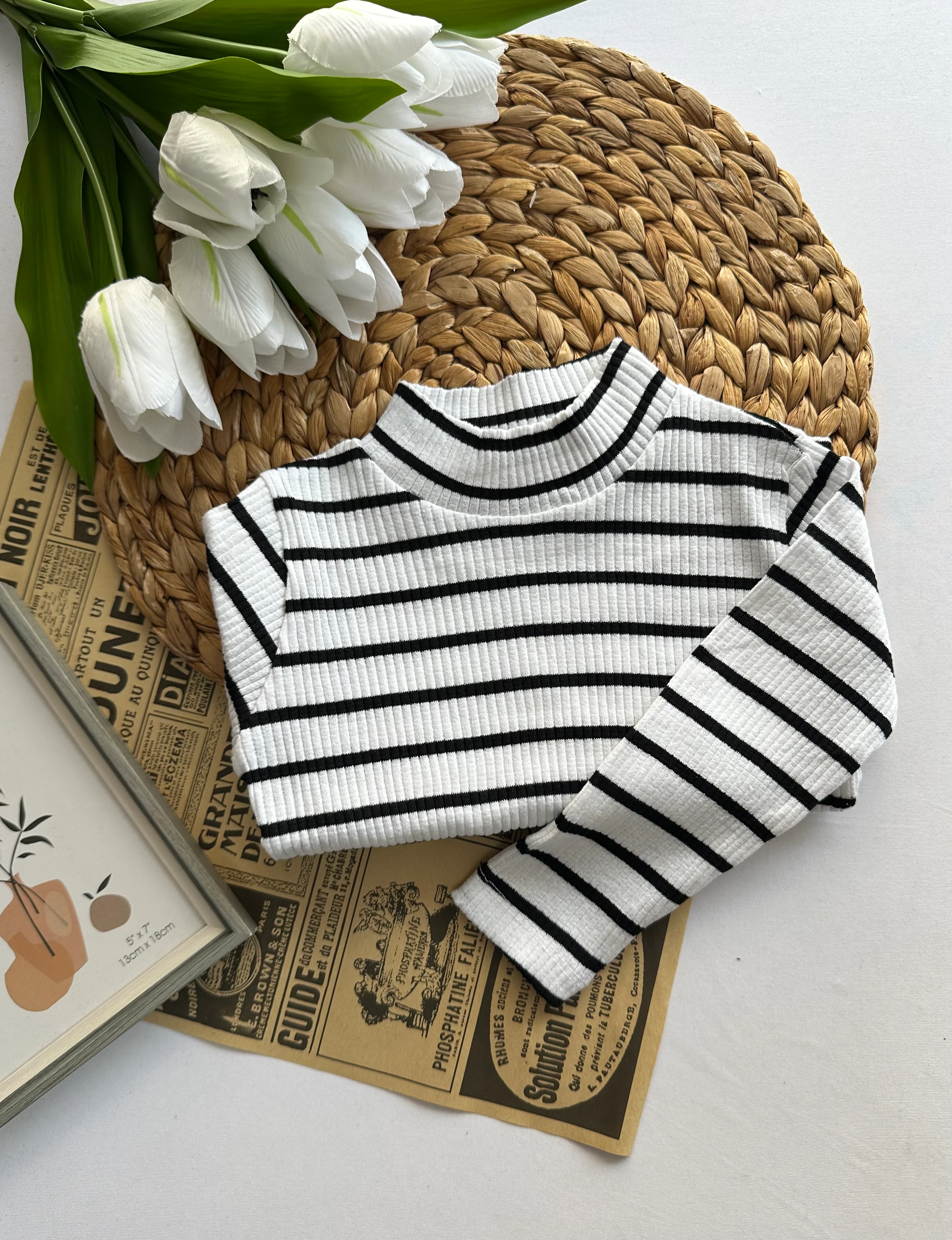 Kız Çocuk Beyaz Siyah Çizgili  Kaşkorse Badi