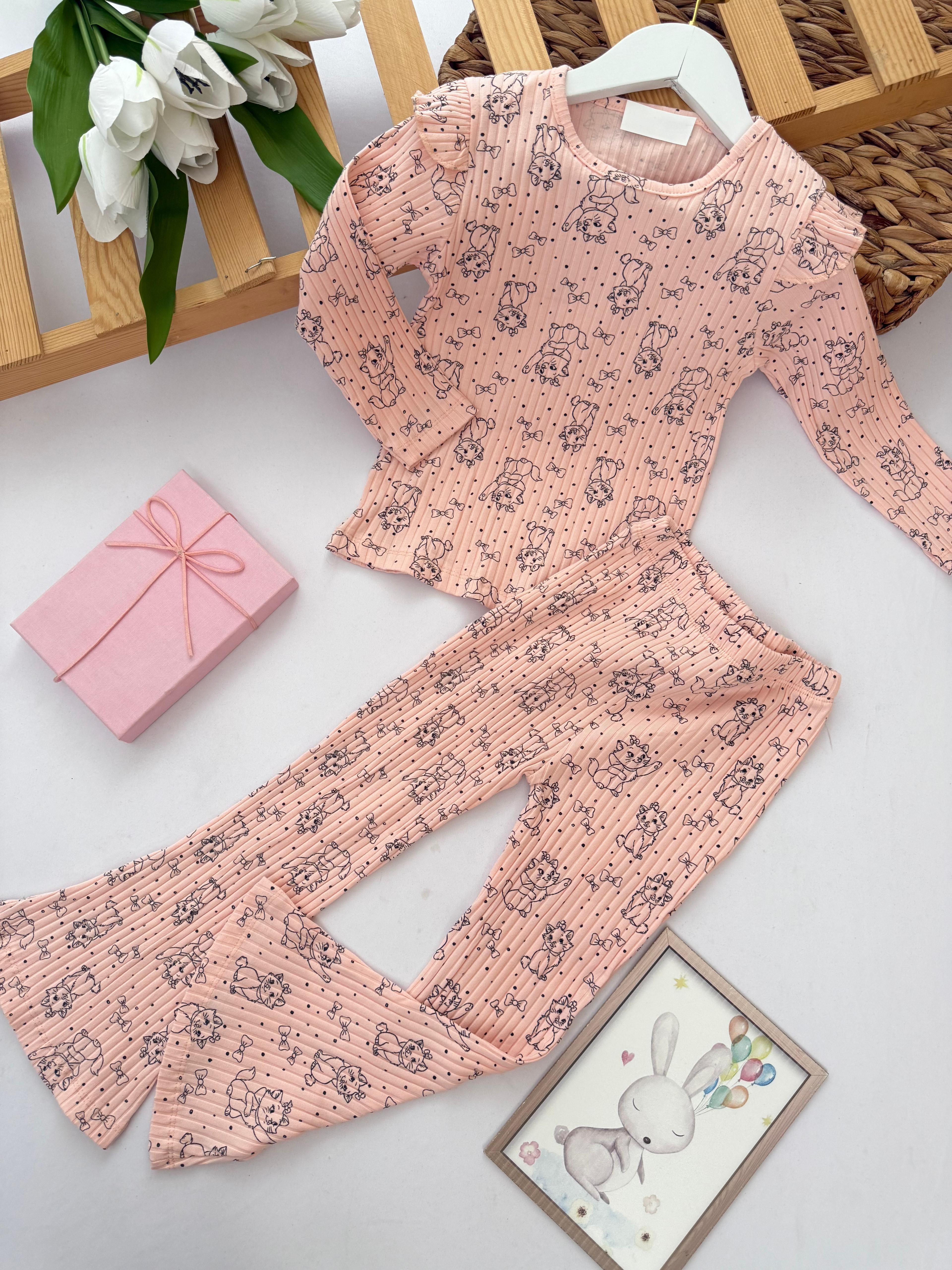 Kız Çocuk Somon Marie Kedi Desenli Taytlı Takım