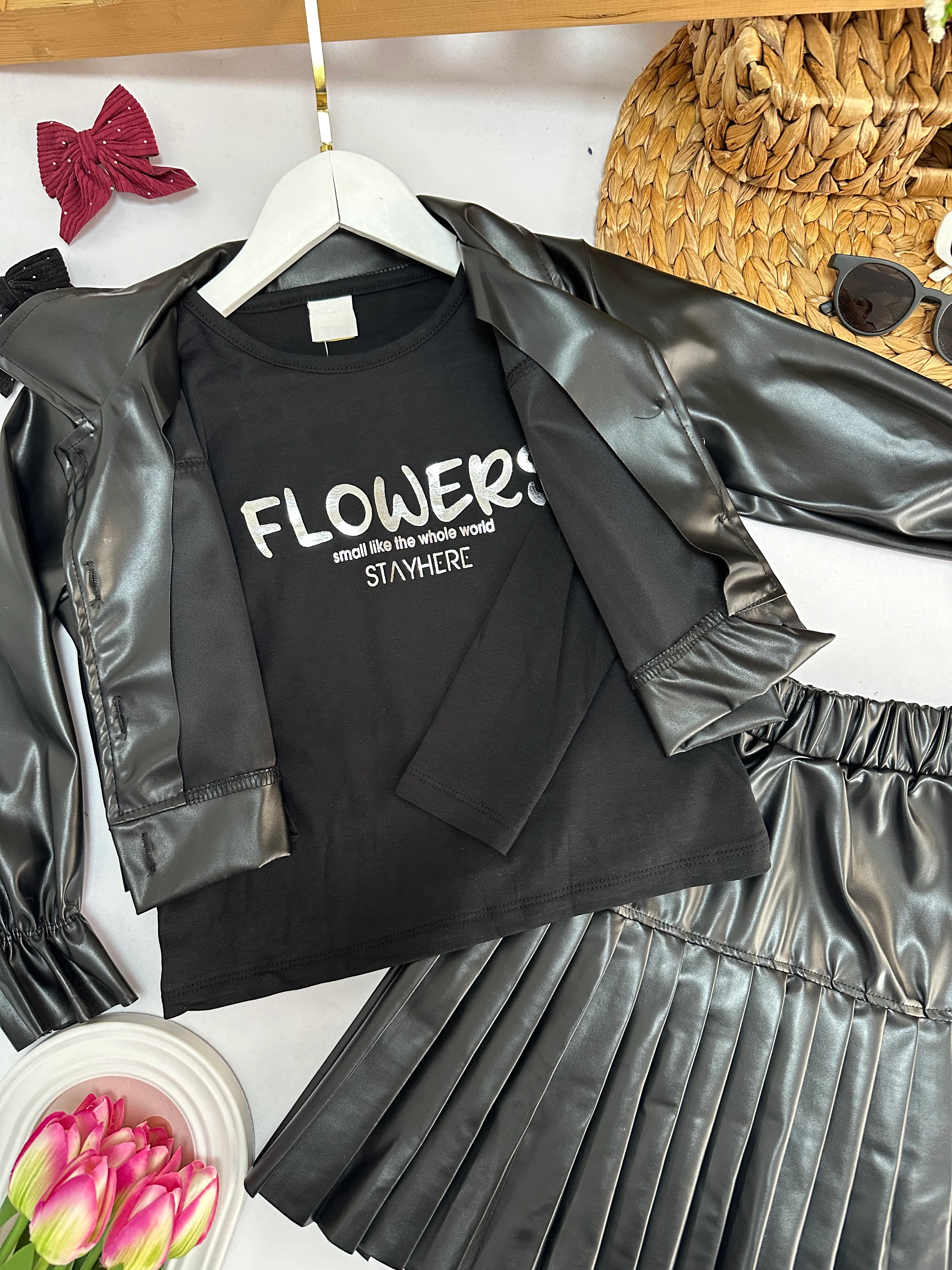 Kız Çocuk Siyah 3'lü Deri Takım