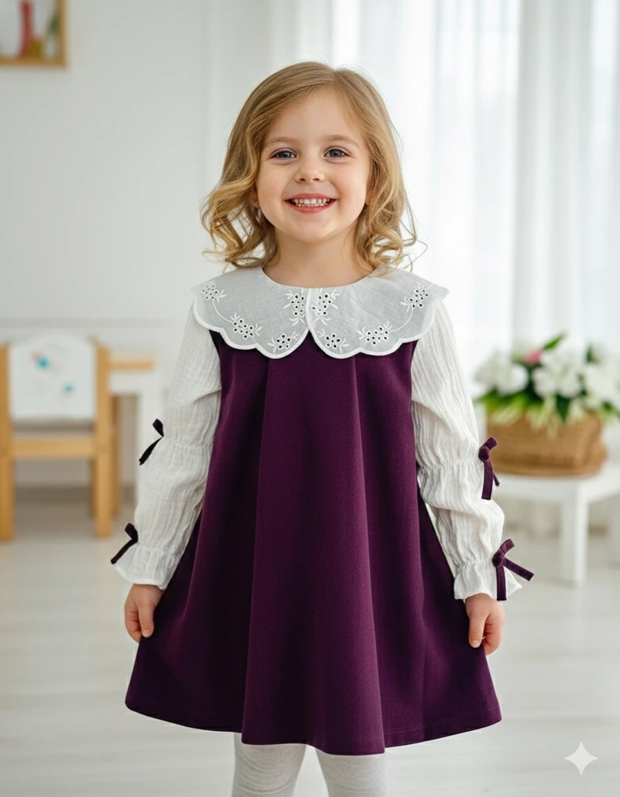 Kız Çocuk Mor Bebe Yaka Kolları Fiyonk Süet Elbise