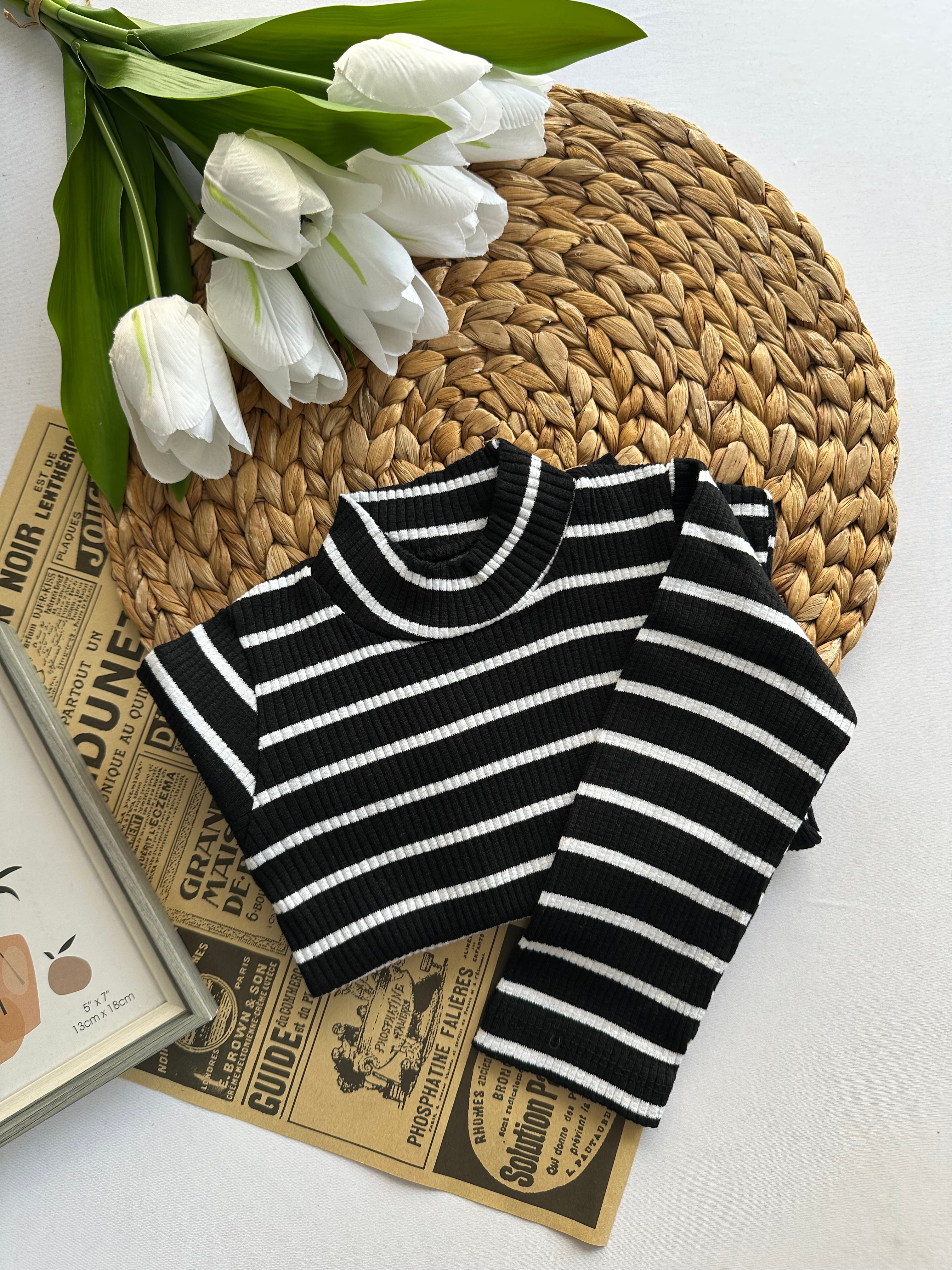 Kız Çocuk Siyah Beyaz Çizgili  Kaşkorse Badi